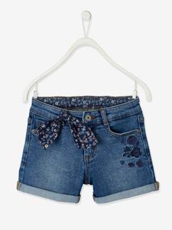 Geborduurde denim meisjesshort met bloemenstrik - vertbaudet enfant Meisje-Geborduurde denim meisjesshort met bloemenstrik