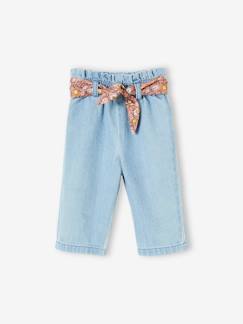 Wijde denim babybroek met stoffen bloemenriem - vertbaudet enfant Baby-Wijde denim babybroek met stoffen bloemenriem