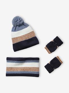 Gestreepte set van muts + snood + handschoenen voor jongens - vertbaudet enfant Jongens-Accessoires-Muts, sjaal, handschoenen-Gestreepte set van muts + snood + handschoenen voor jongens
