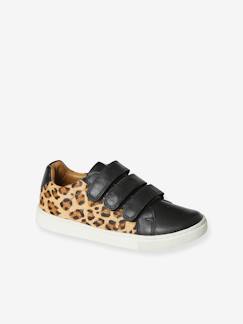 Leren Junior sneakers met klittenband en luipaardprint - vertbaudet enfant Schoenen-Meisje shoenen 23-38-Sneakers, gympen-Leren Junior sneakers met klittenband en luipaardprint