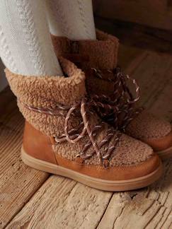 Hoge gevoerde meisjessneakers van leer en pluche - vertbaudet enfant Schoenen-Meisje shoenen 23-38-Sneakers, gympen-Hoge gevoerde meisjessneakers van leer en pluche