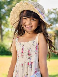 Strohoed met gehaakt effect en lint met opdruk voor meisjes - vertbaudet enfant Meisje-Accessoires-Strohoed met gehaakt effect en lint met opdruk voor meisjes