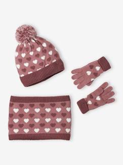 Set muts + snood + handschoenen met hartjes meisje - vertbaudet enfant Meisje-Accessoires-Meisjesmuts, sjaal, handschoenen-Set muts + snood + handschoenen met hartjes meisje
