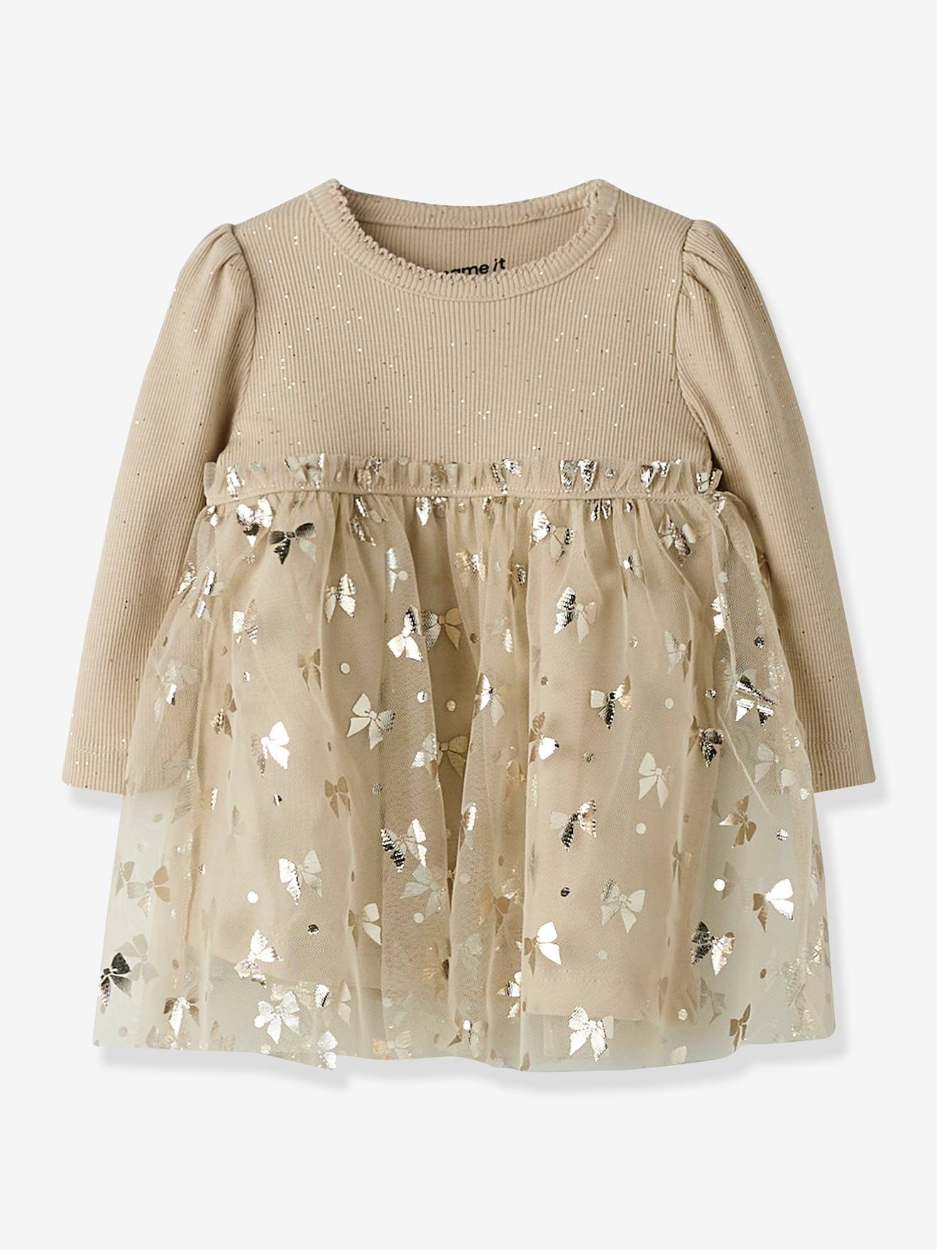 Jurk met lange mouwen en tule rok NBFROSALLY baby meisjes NAME IT beige