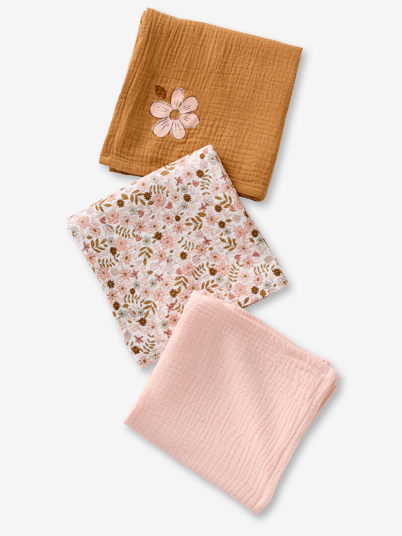 Set van 3 luiers van katoenen gaas FLORA karamel afbeelding