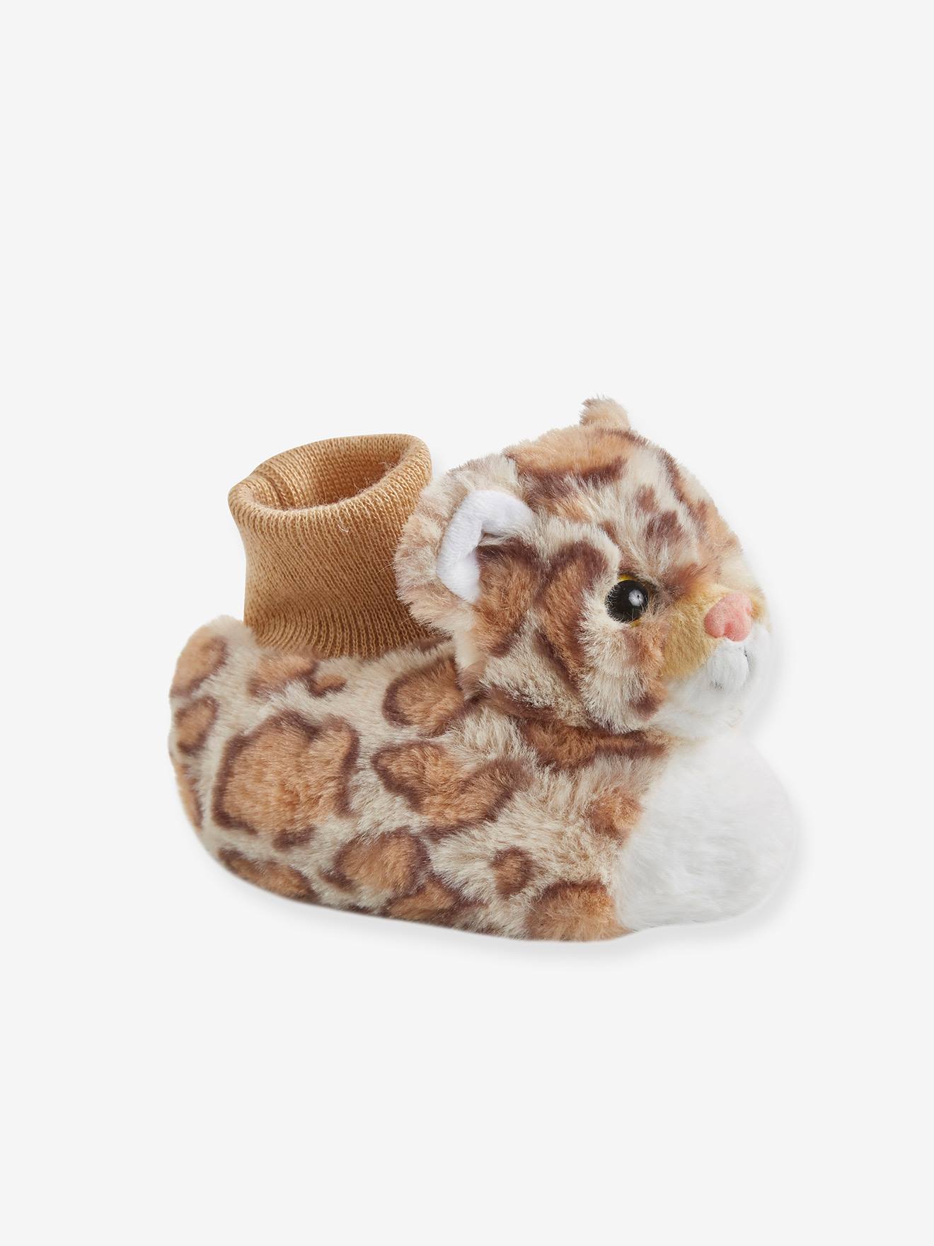 Slofjes babyjongen met pluche beige aop leopard