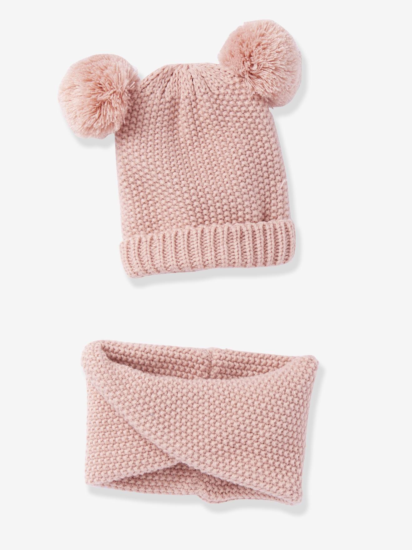 Set muts met pompon en gekruiste snood voor meisjes donkere blush