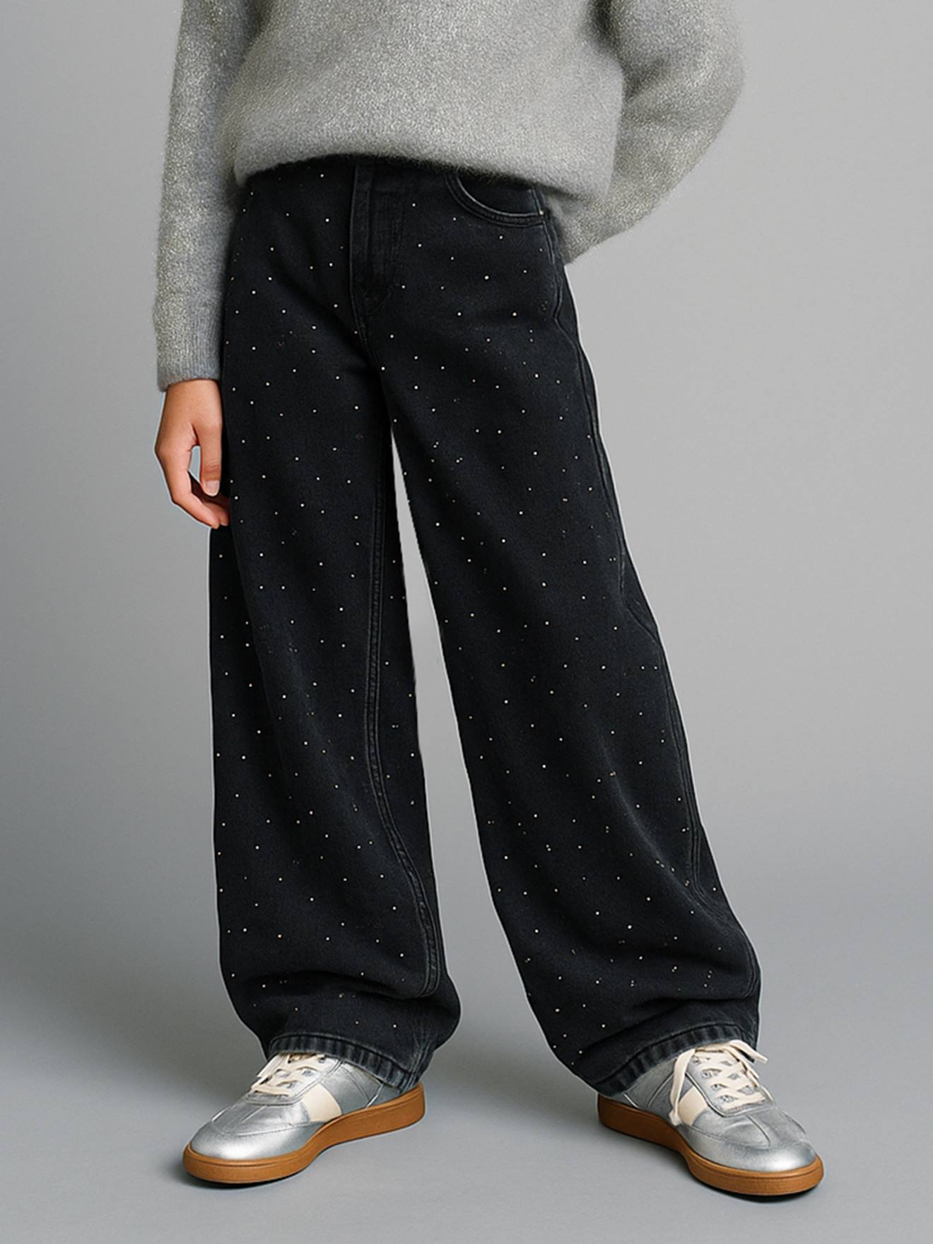 Wijde jeans voor meisjes met strass JONEN zwart denim afbeelding