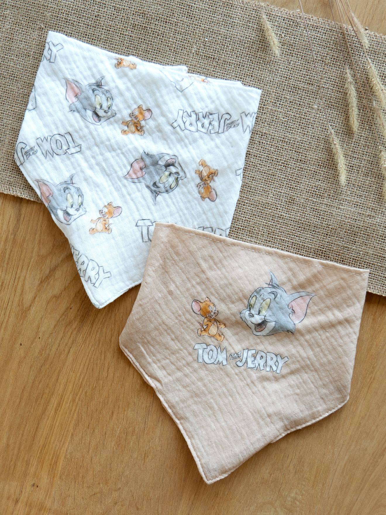 Set van 2 bandanaslabbetjes voor baby's Tom en Jerry LONEY TUNES van katoenen hydrofiel beige