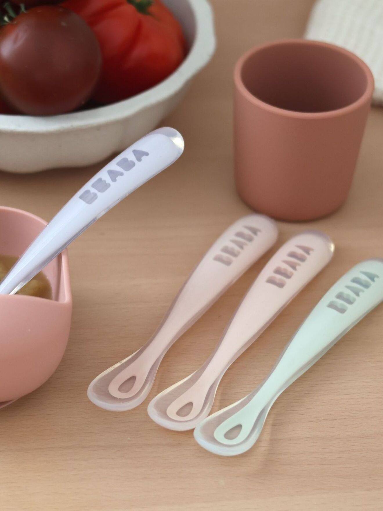 Set van 4 lepels Soft, eerste leeftijd, zonder BPA, van BEABA blue/ eucalyptus/ pink/ mist