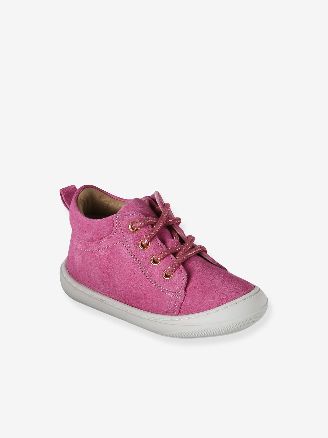 Baby eerste stapjes, veterschoenen van soepel leer fuchsia