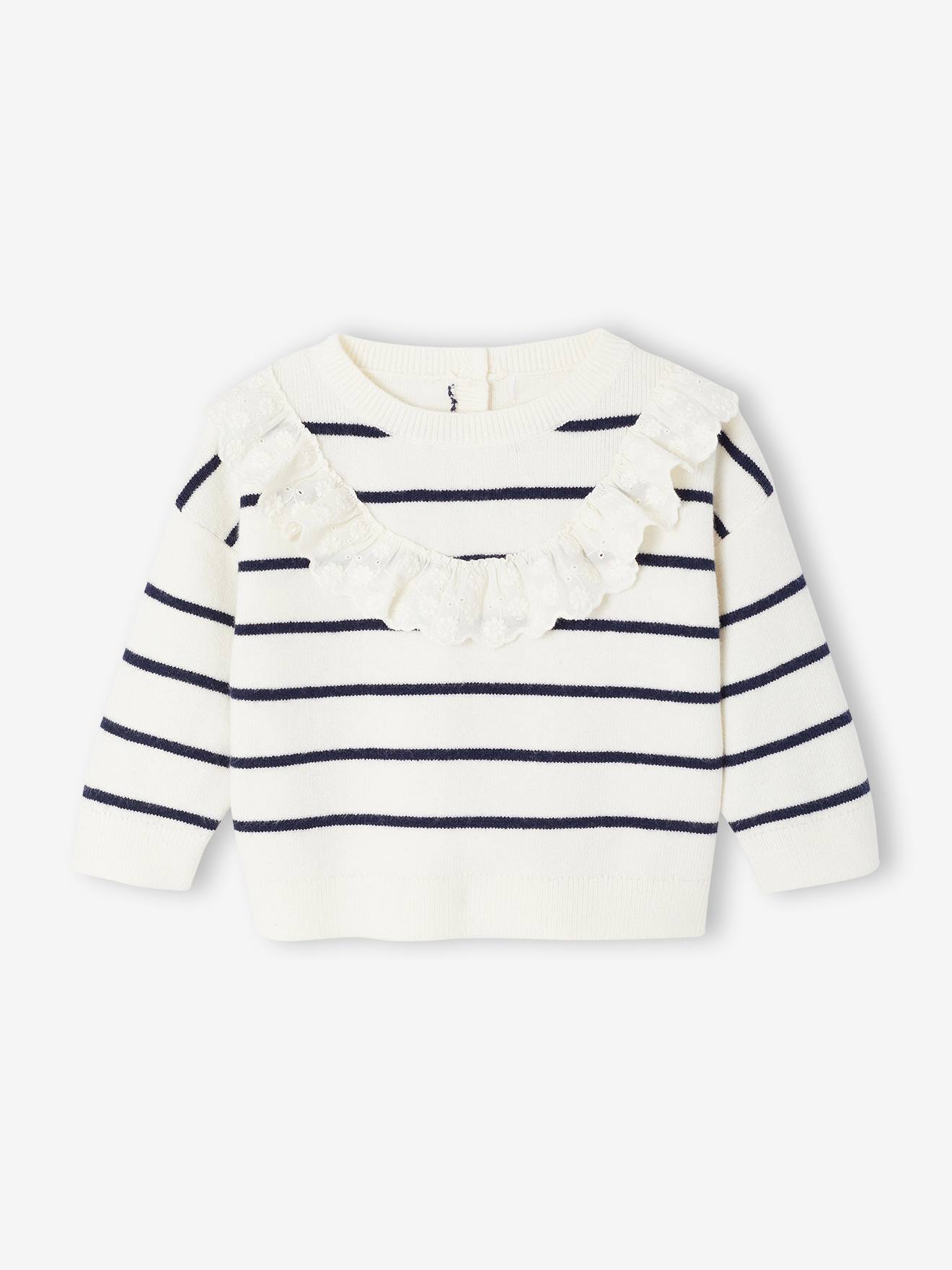 Gemêleerde trui baby meisjes met volant detail marineblauw, gestreept