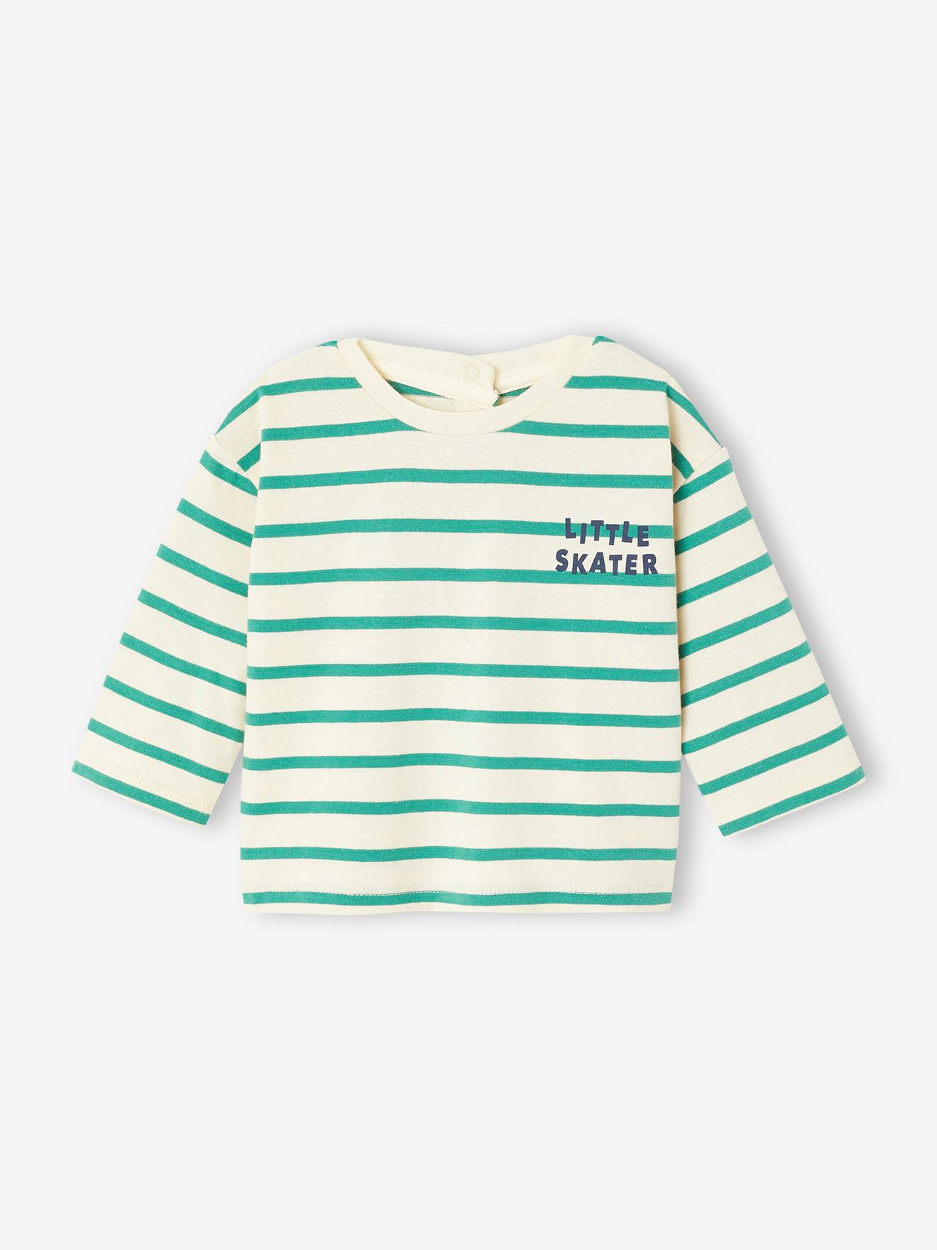 Gestroomd T-shirt met drukknoopjes op de rug voor baby's in biologisch katoen groen, gestreept