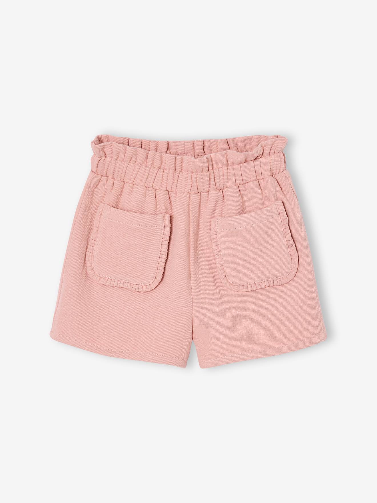 Paper bag short voor meisjes van twill roze (poederkleur)