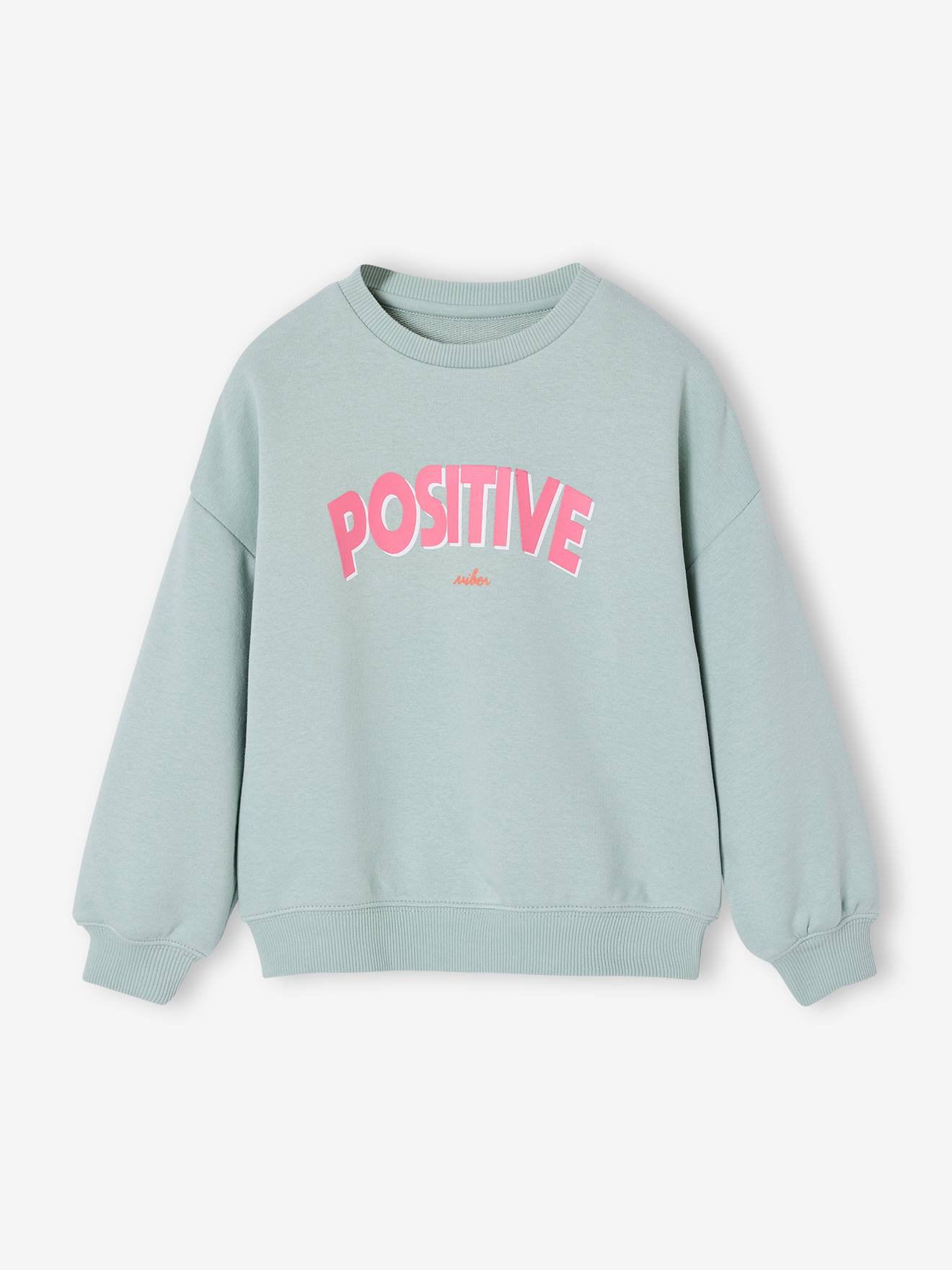 Sweater voor meisjes met positieve boodschap blauwgroen
