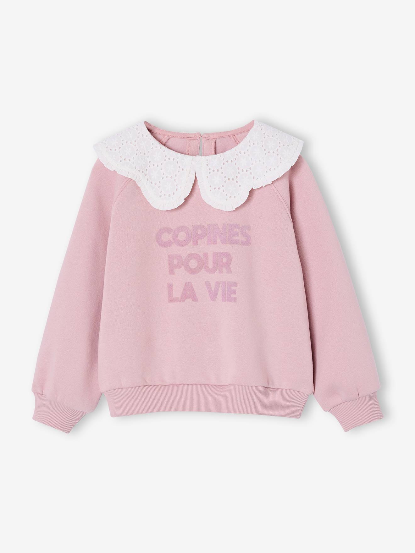 Sweater met kraag van Engels borduurwerk voor meisjes met flockprint en fluwelen boodschap lichtroze