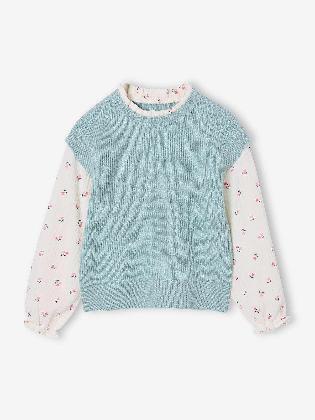 Trui 2 in 1 meisjesmouwen grijsblauw