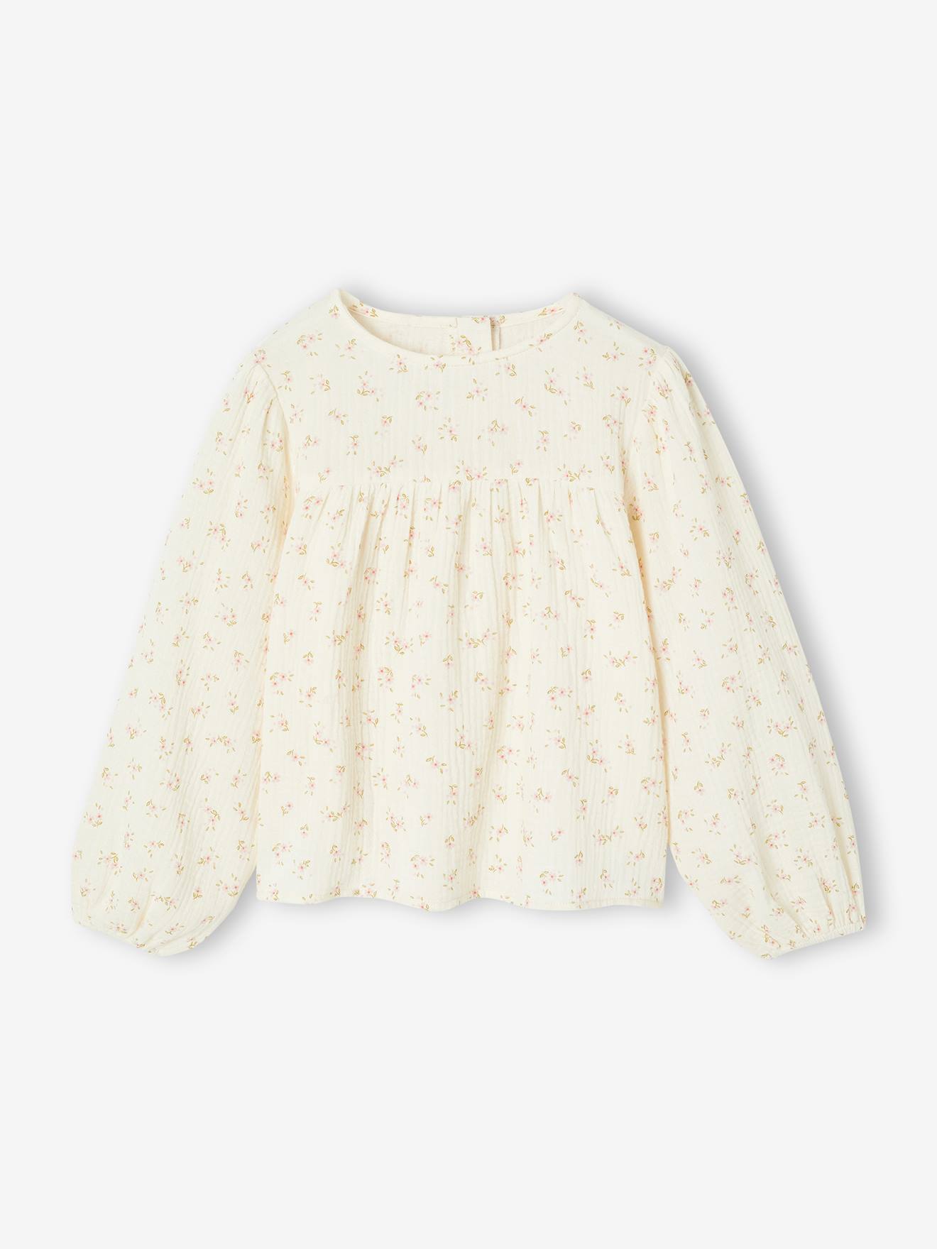 Bedrukte blouse voor meisjes van katoenen gaas ecru