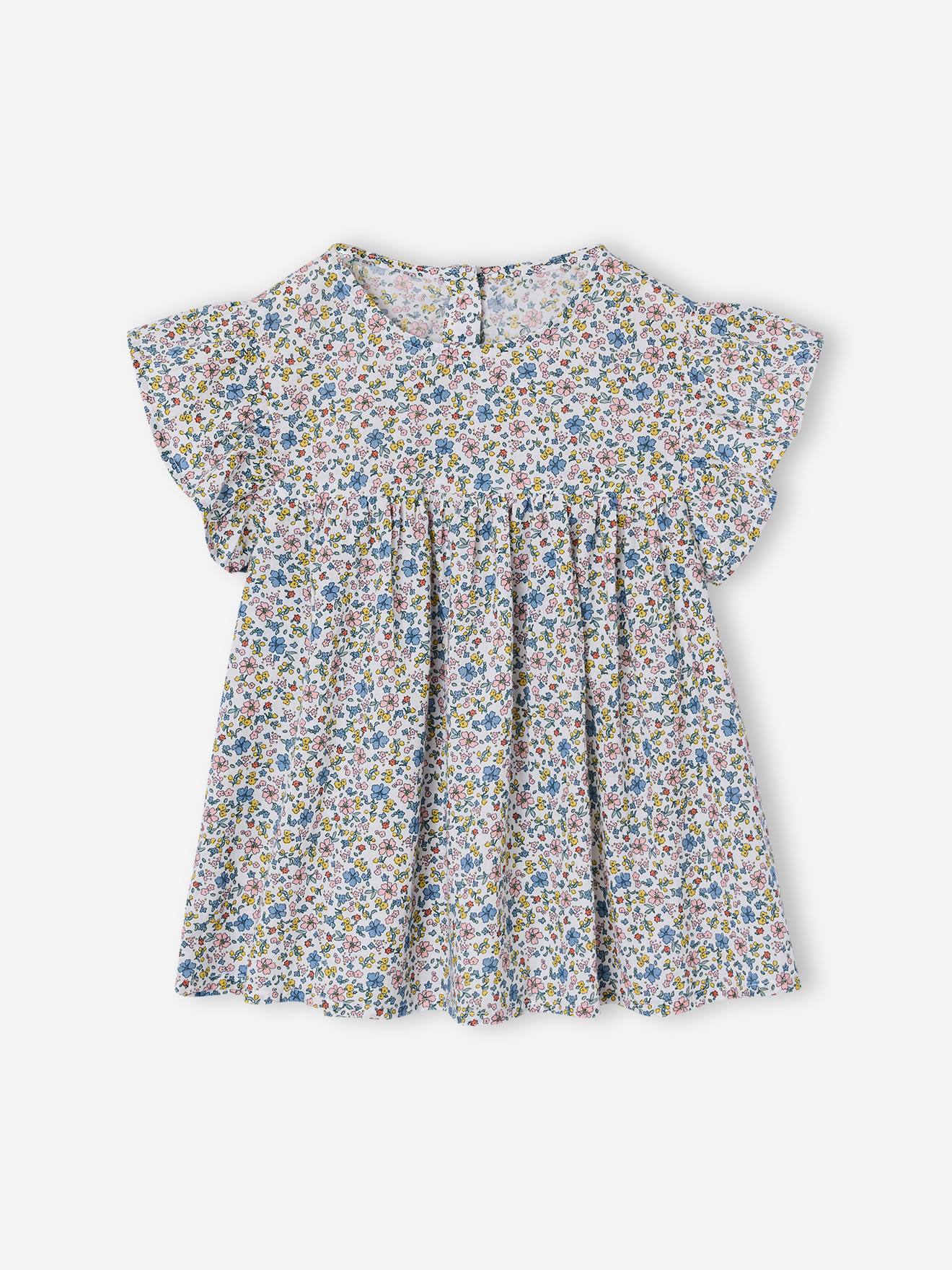 Gebloemde meisjesblouse met korte mouwen en ruches wit, bedrukt