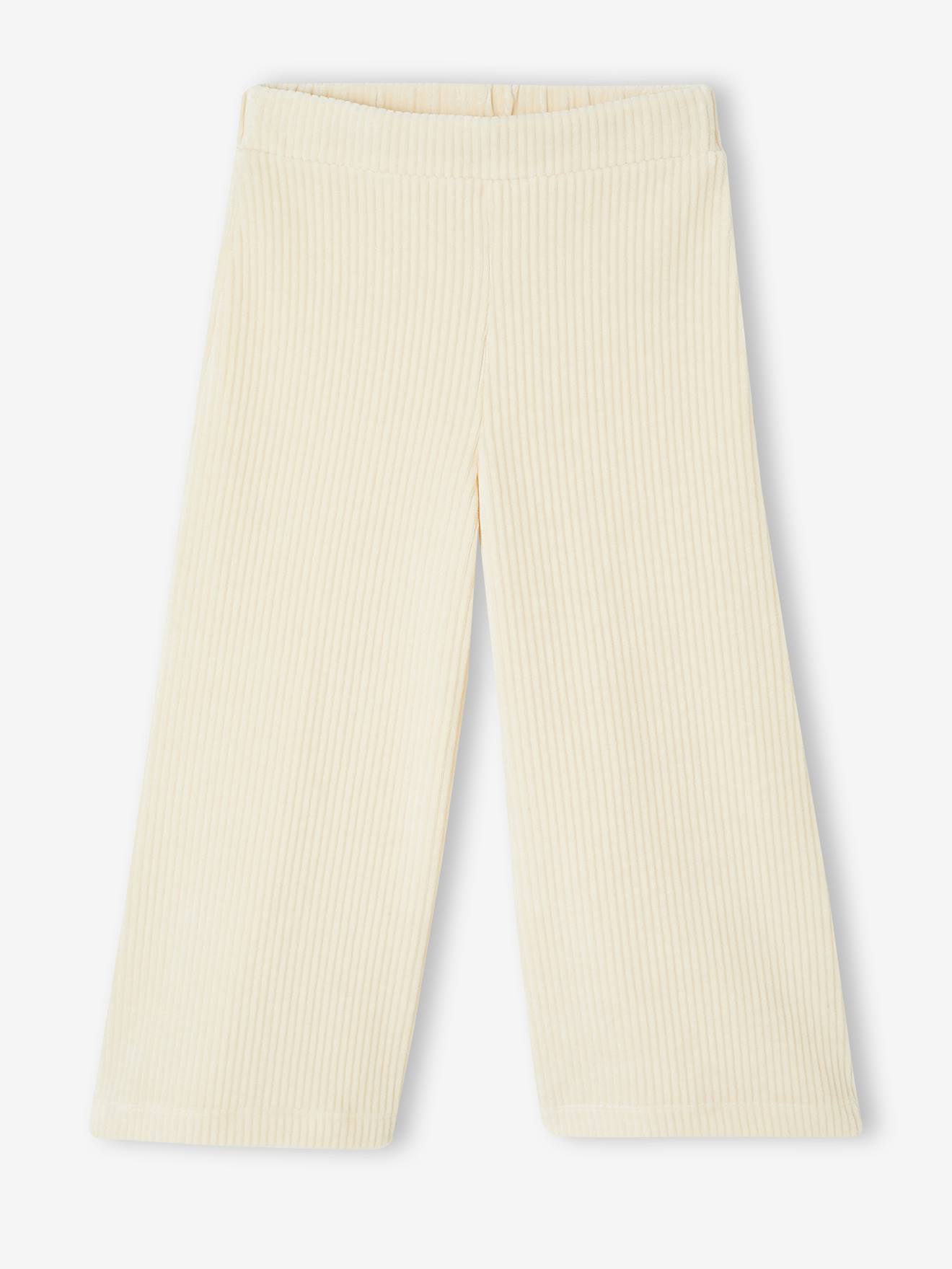 Wijde, fluwelen broek voor meisjes ecru