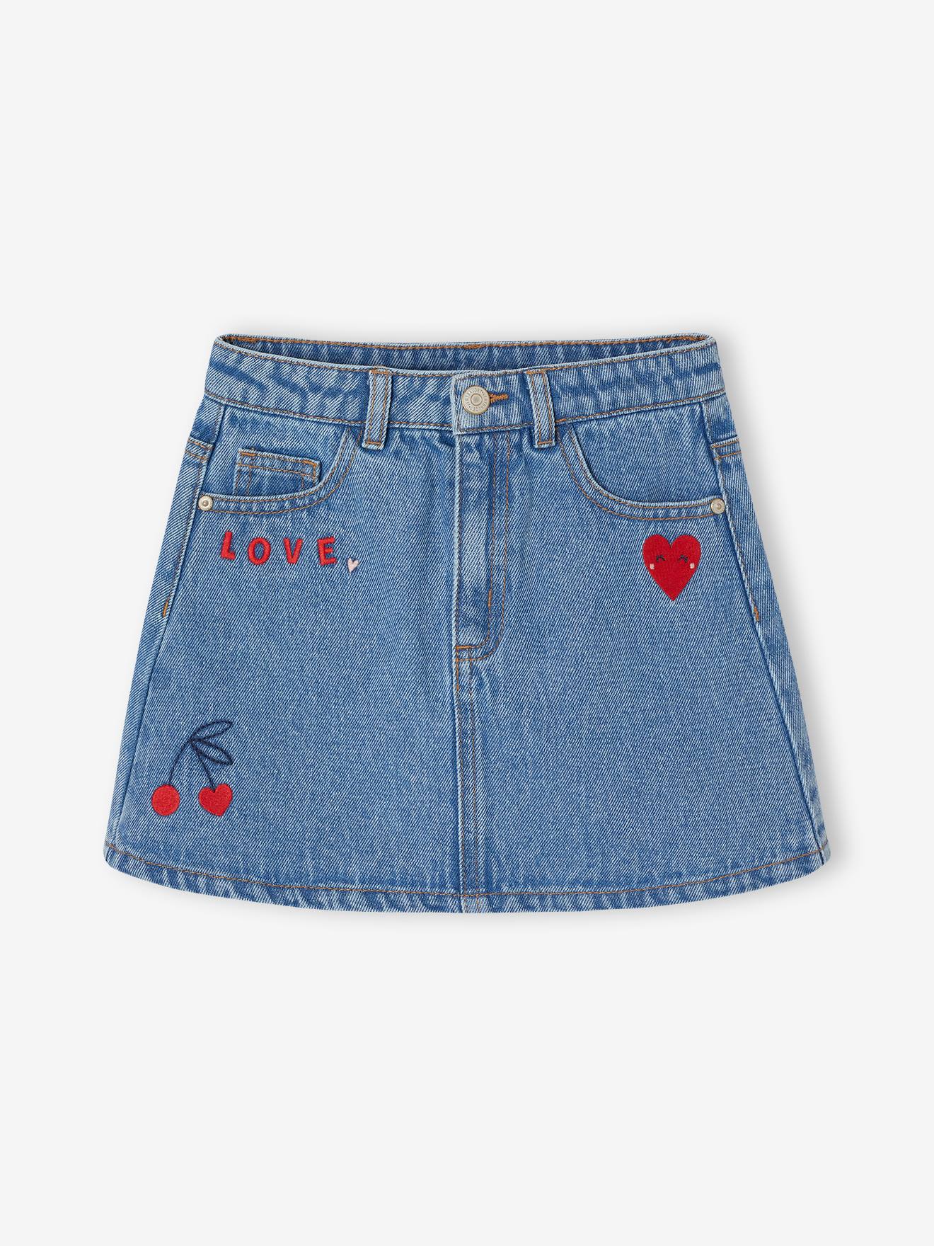 Jeans rok voor meisjes met borduursel middenblauw