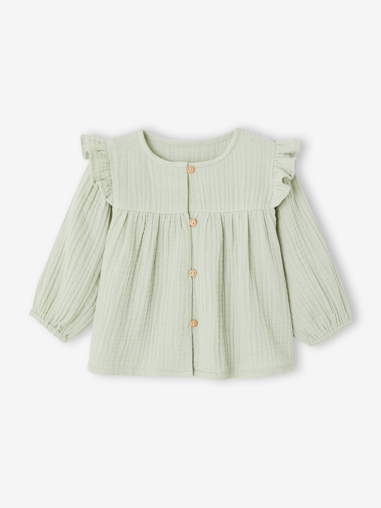 Babyblouse van katoengaas met ruches amandelgroen