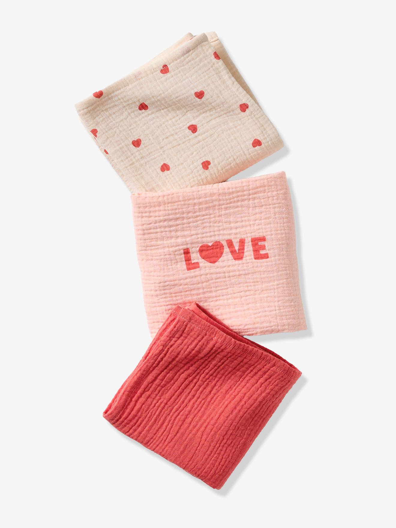 Set van 3 luiers van katoenen gaas Harten roze, bedrukt