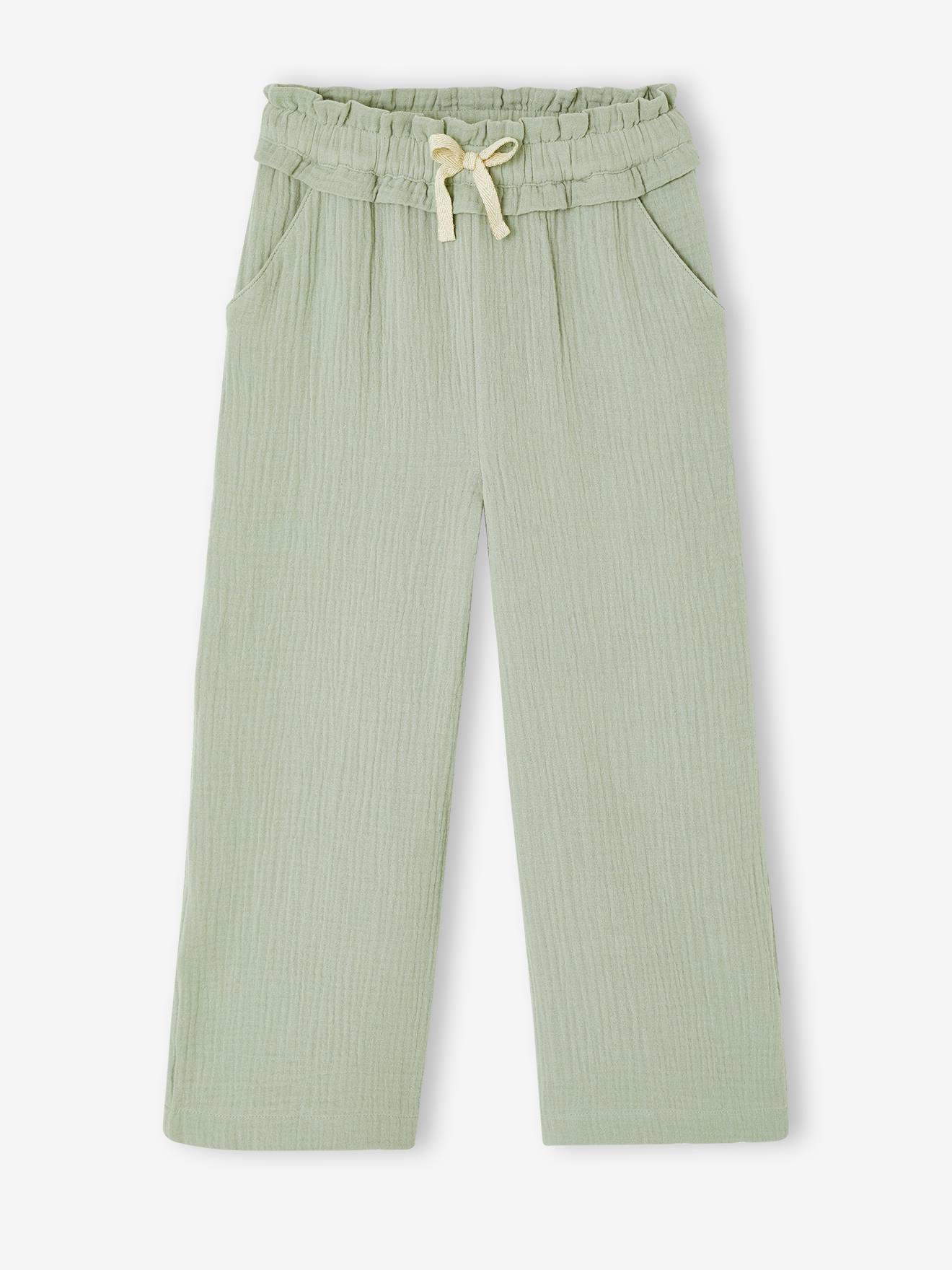 Wijde broek van katoengaas groengrijs
