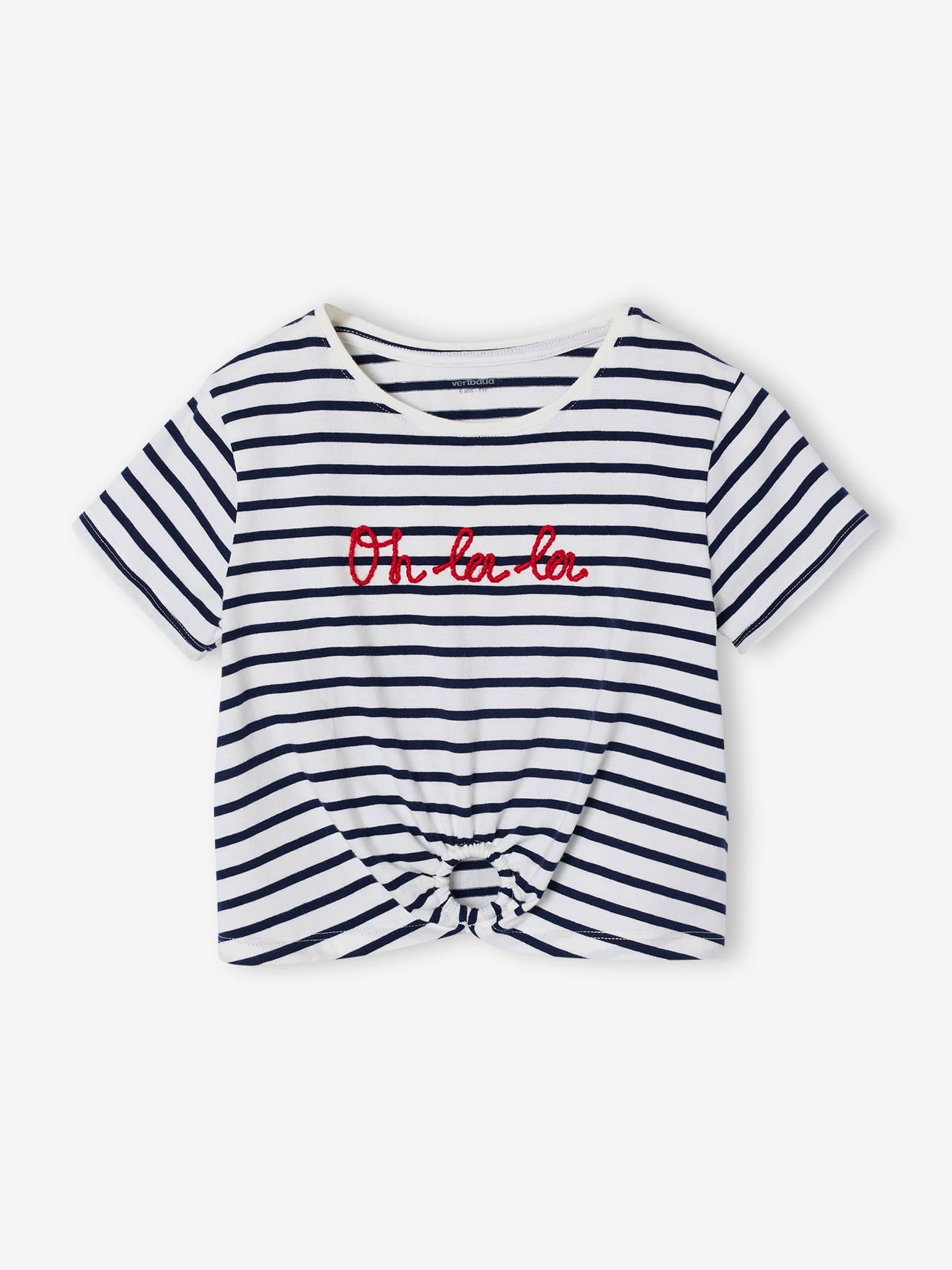 T-shirt voor meisjes met een sierlijke strikdetail blauw, gestreept