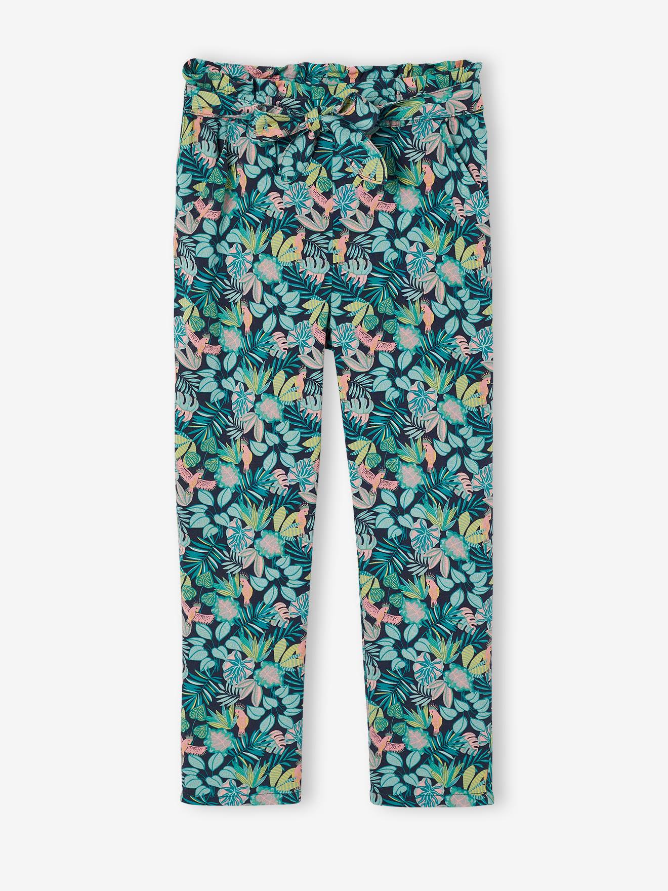 Driekwartmeisjesbroek voor meisjes met bloemenprint marineblauw