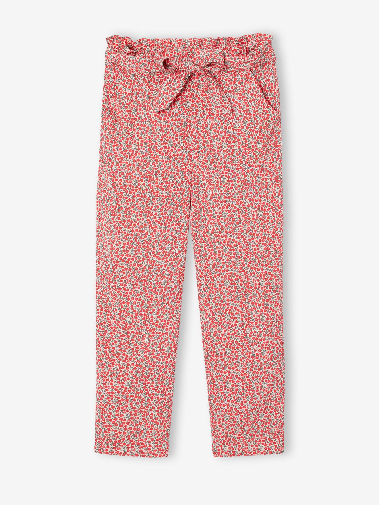 Driekwartmeisjesbroek voor meisjes met bloemenprint rood