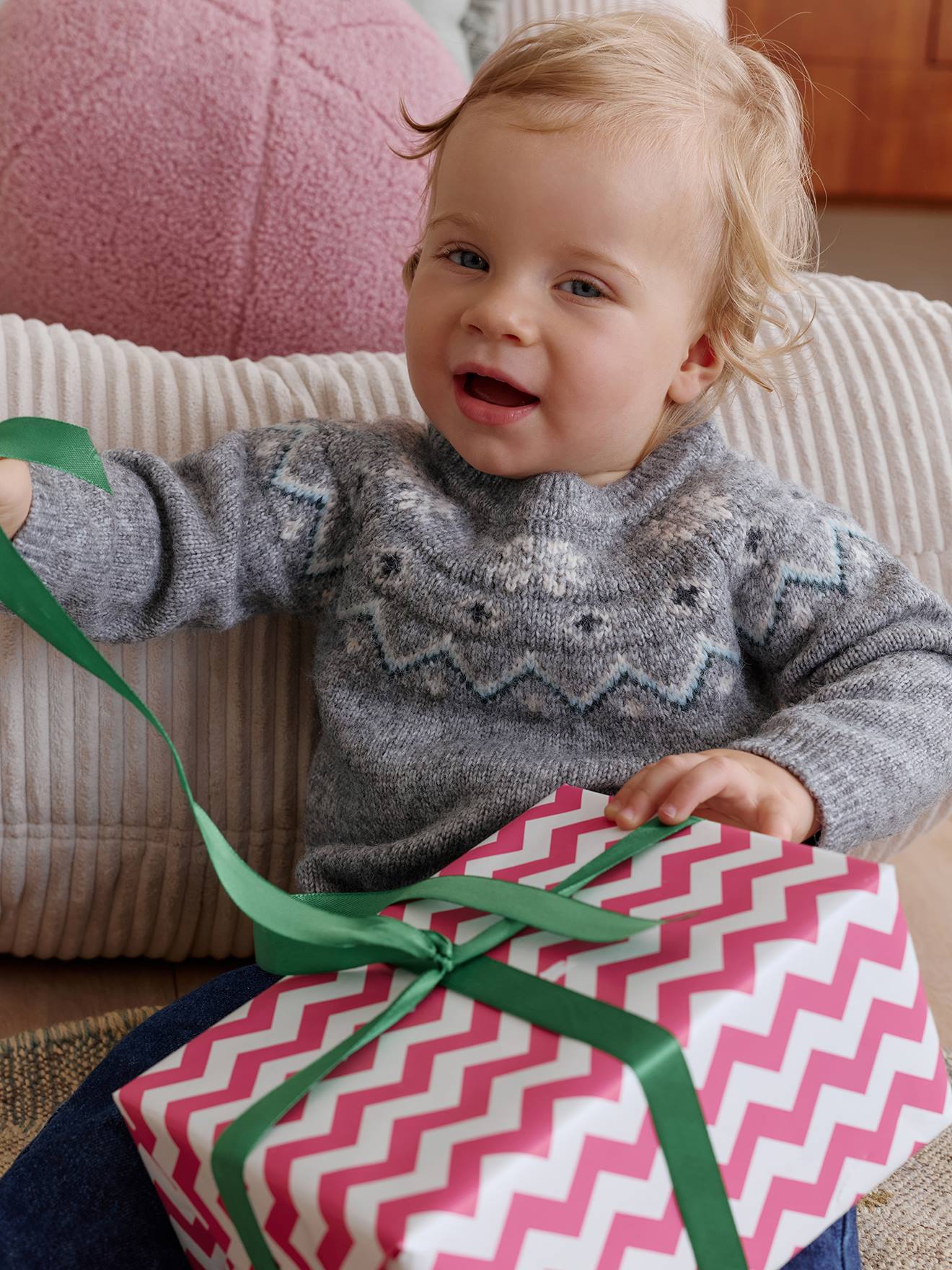 Jacquard kersttrui voor baby's familie capsulecollectie gemêleerd grijs