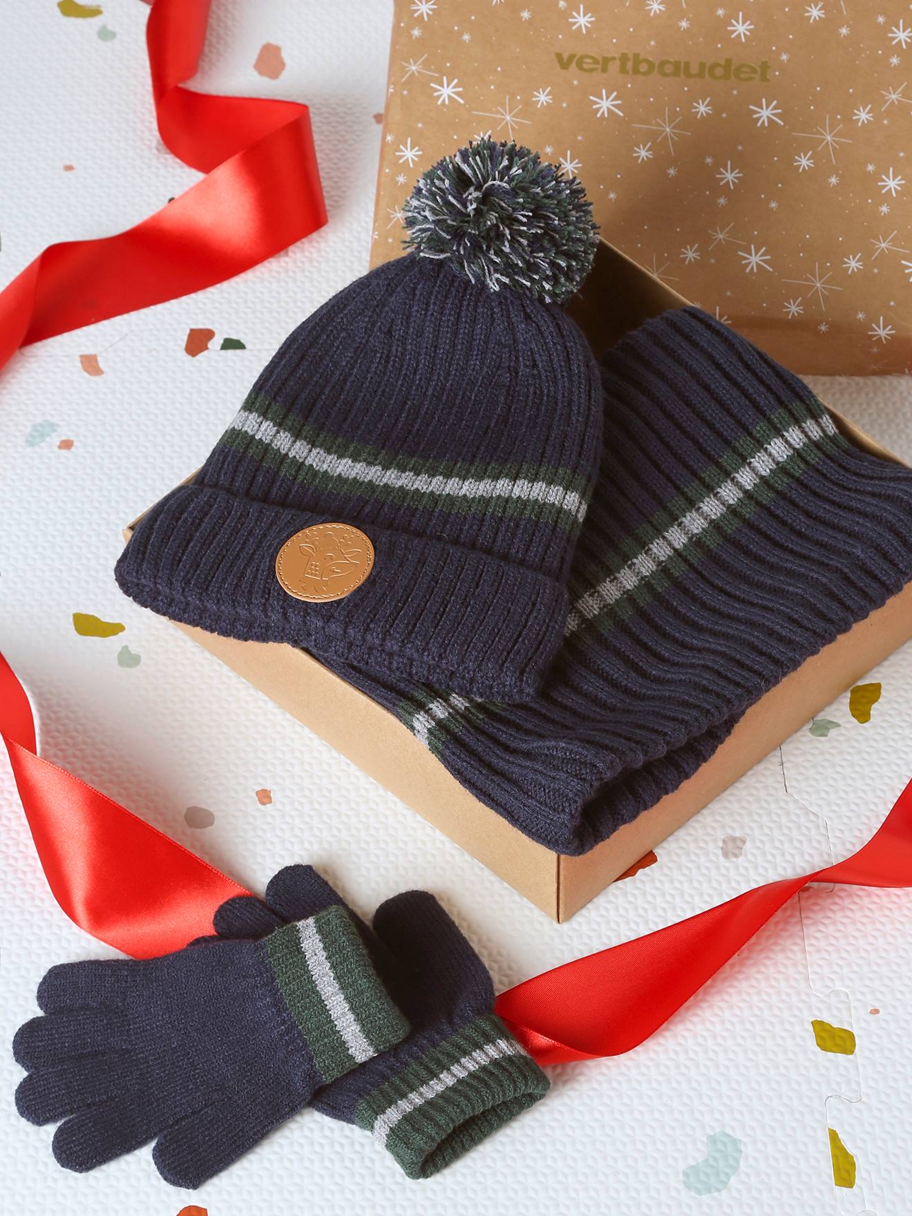 Kerstset muts rendier + snood + wanten/handschoenen jongen marineblauw