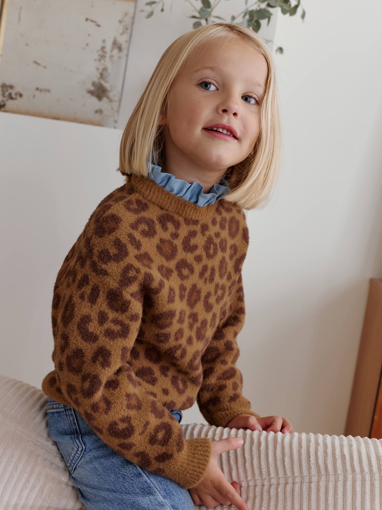 Trui voor meisjes capsulecollectie familie Luipaard kraag in chambray bruin