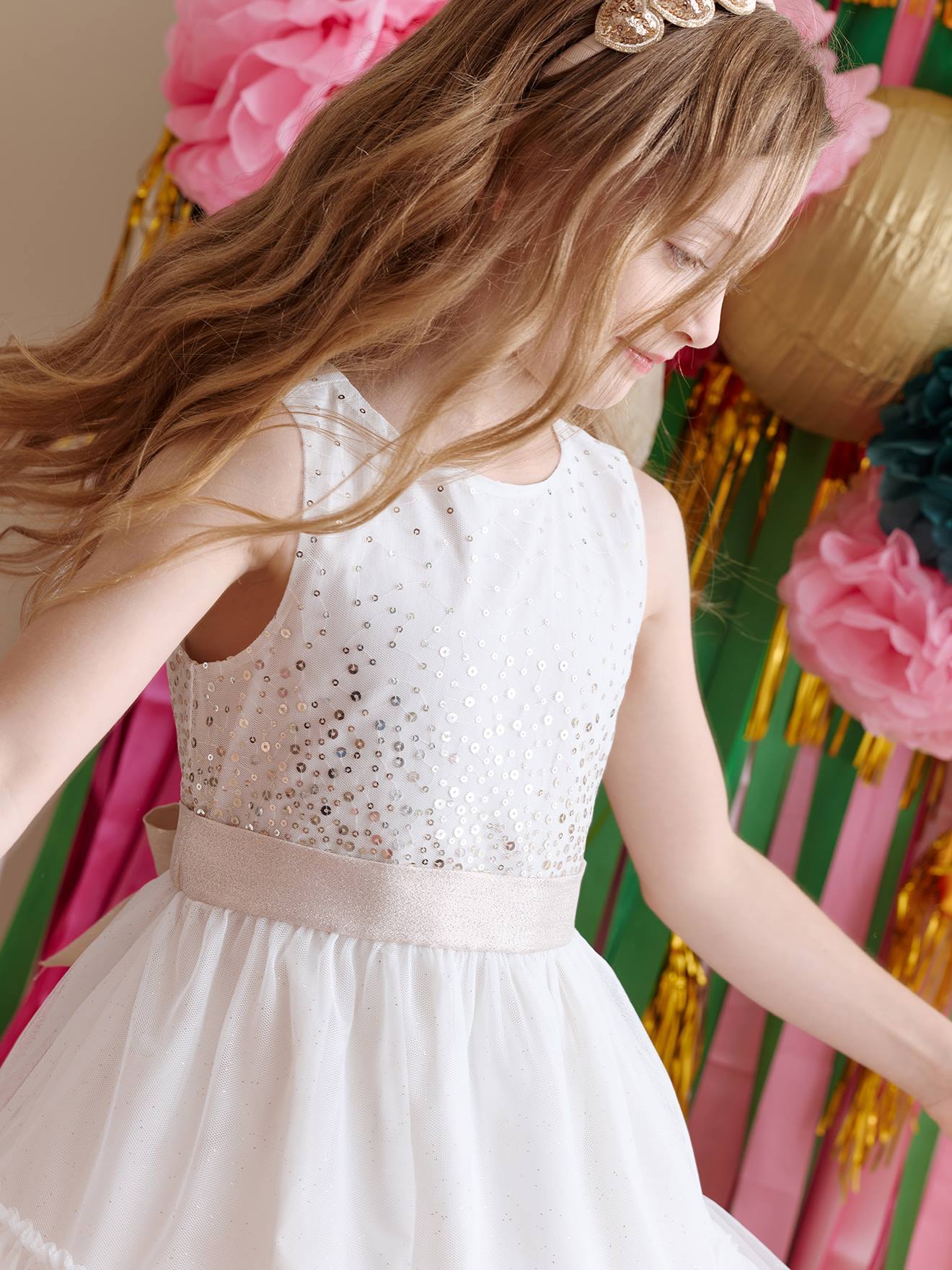 Kerstjurk voor meisjes met pailletten en tule ecru