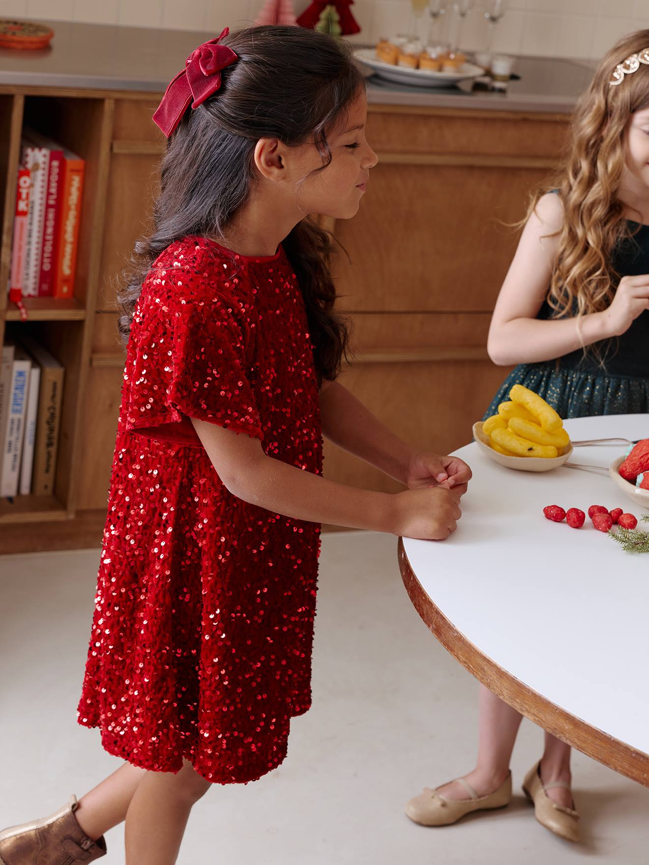 SEAUR Fluwelen jurk voor meisjes, lange mouwen, tule jurk, kleine kinderen, prinsessenjurk, Kerstmis, feestjurk, kinderjurk met pailletten, 2-8 jaar, rood, 3-4 Jaar