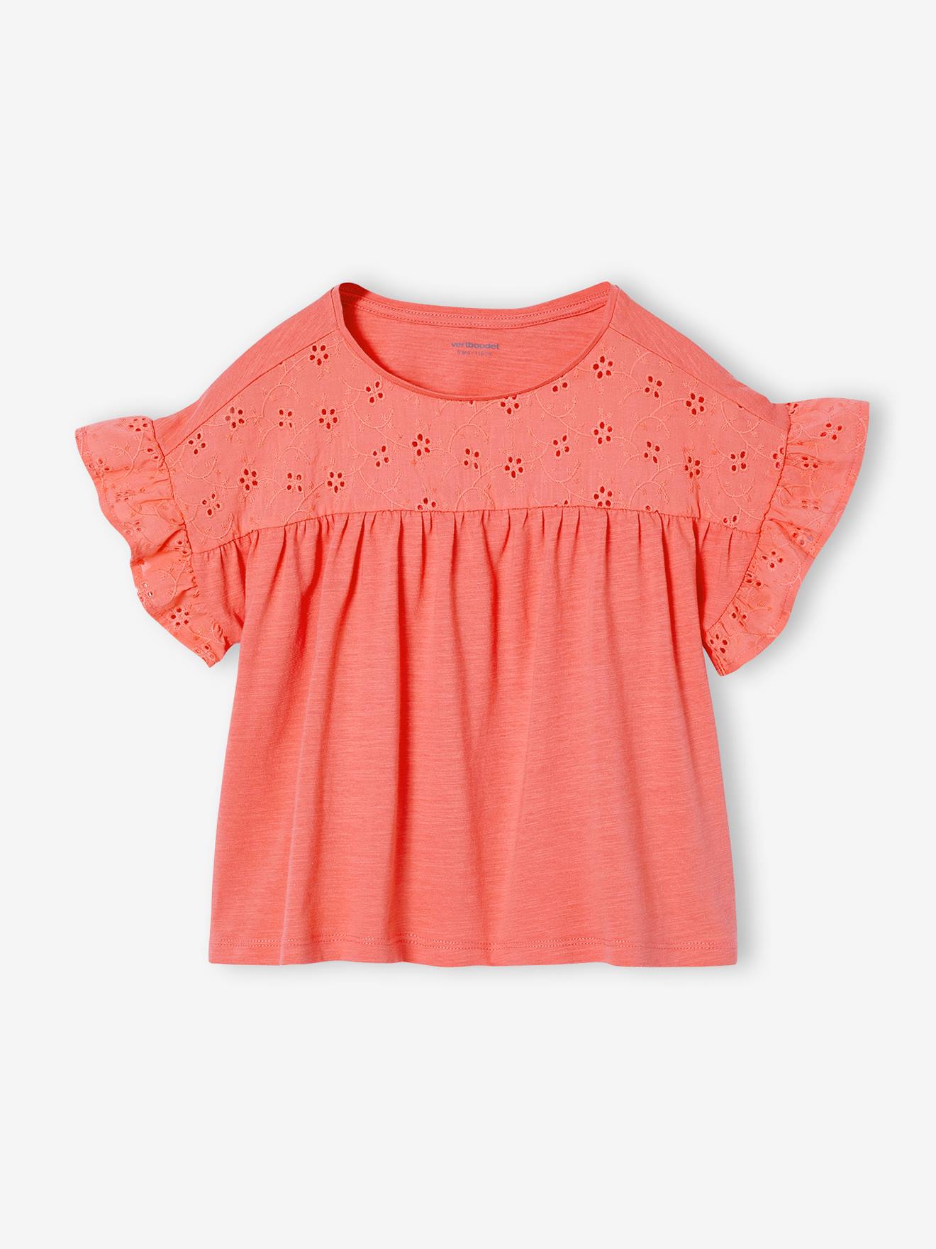 T-shirt meisjes met geborduurde details koraal
