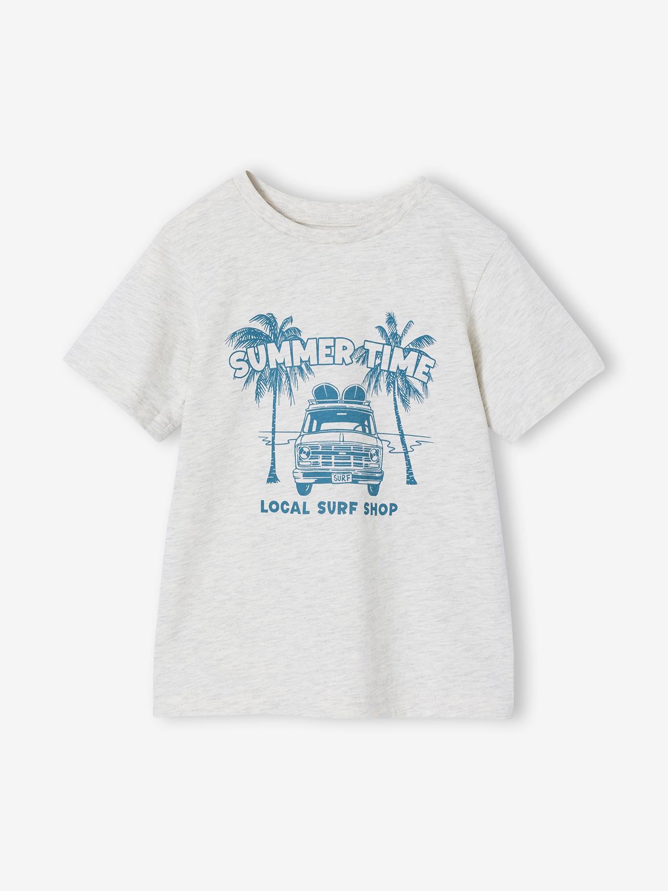 T-shirt voor jongens met print gemêleerd wit