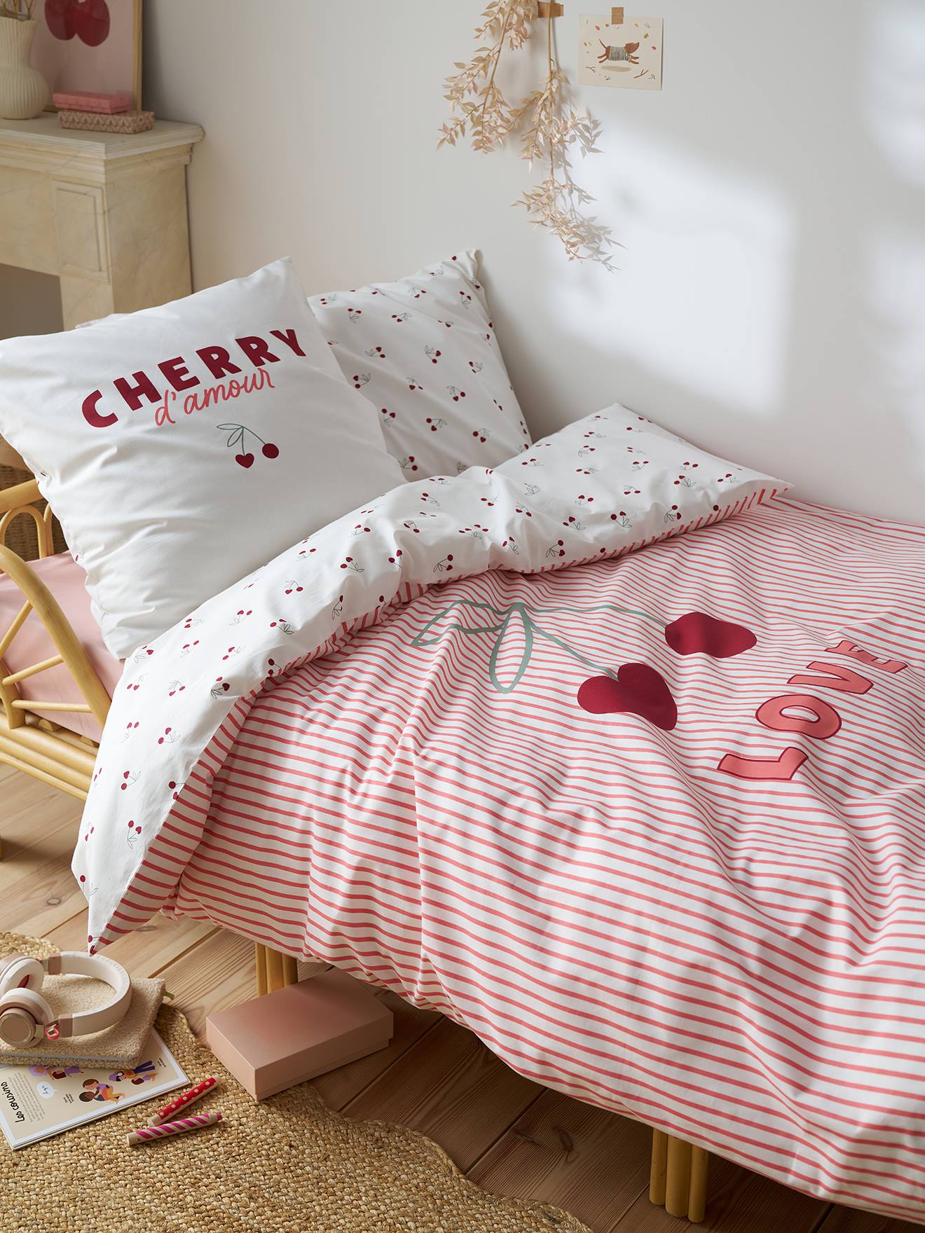 Bedovertrek en kussensloop CERISES RAYURES met gerecycled katoen rood, gestreept