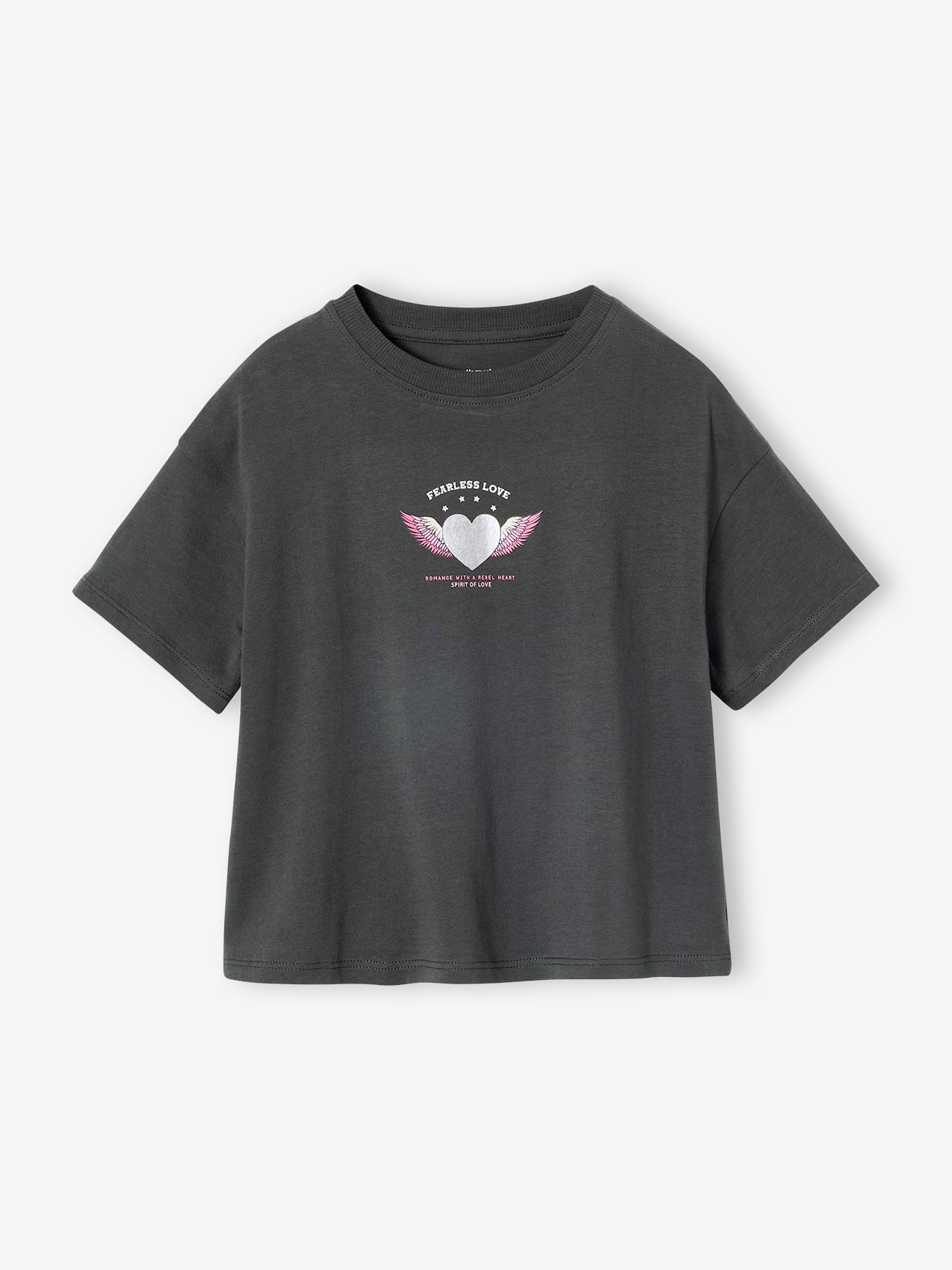 Bedrukt meisjesshirt met korte mouwen antraciet