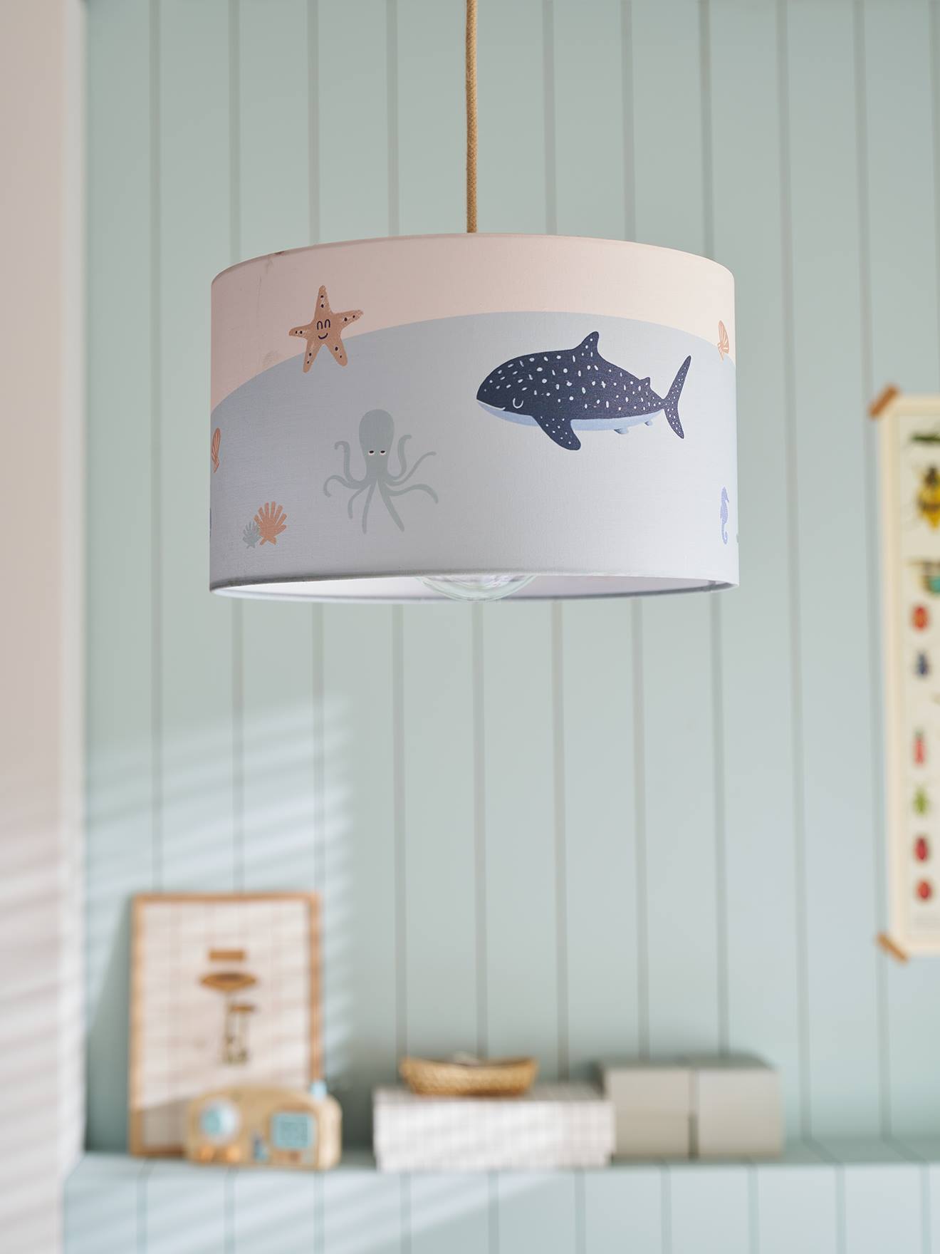 Zeedieren lampenkap blauw, bedrukt