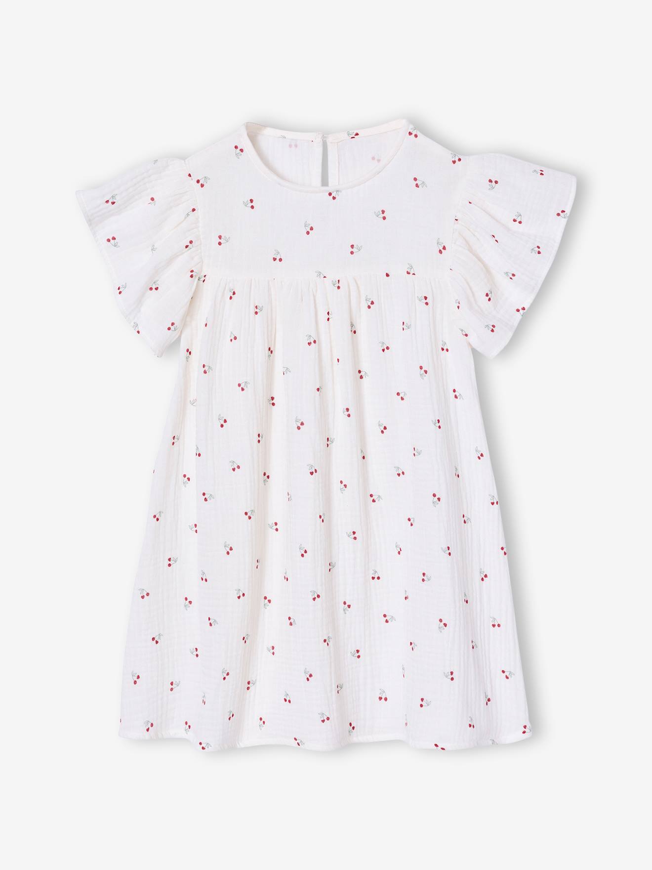 Jurk met bloemenprint van katoenen gaas beige, bedrukt