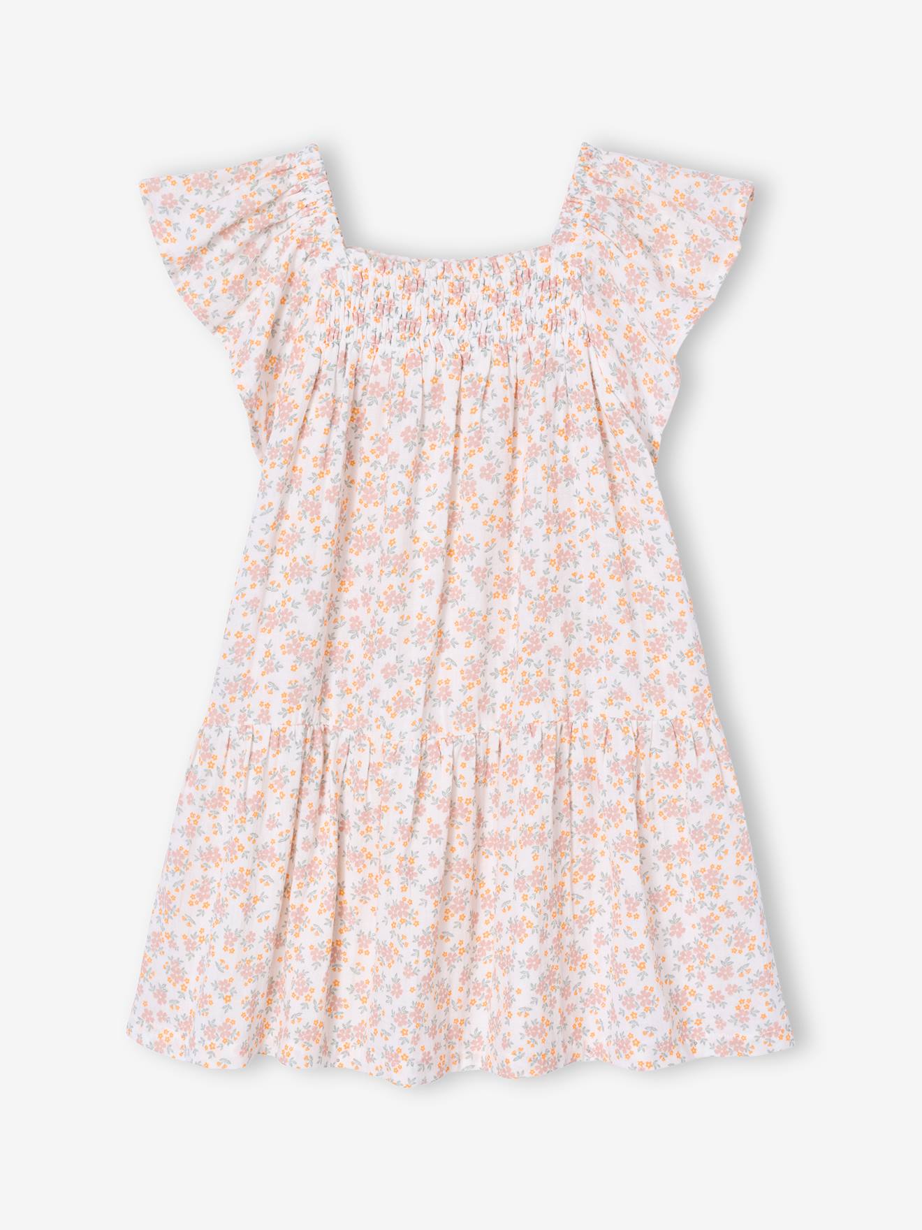 Jurk voor meisjes met smockwerk en bloemenprint vanille