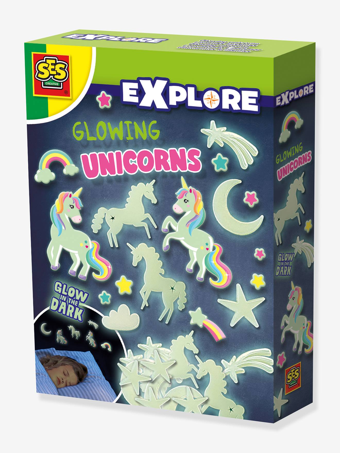 Lichtgevende figuurtjes eenhoorns met set stickers SES Creative groen