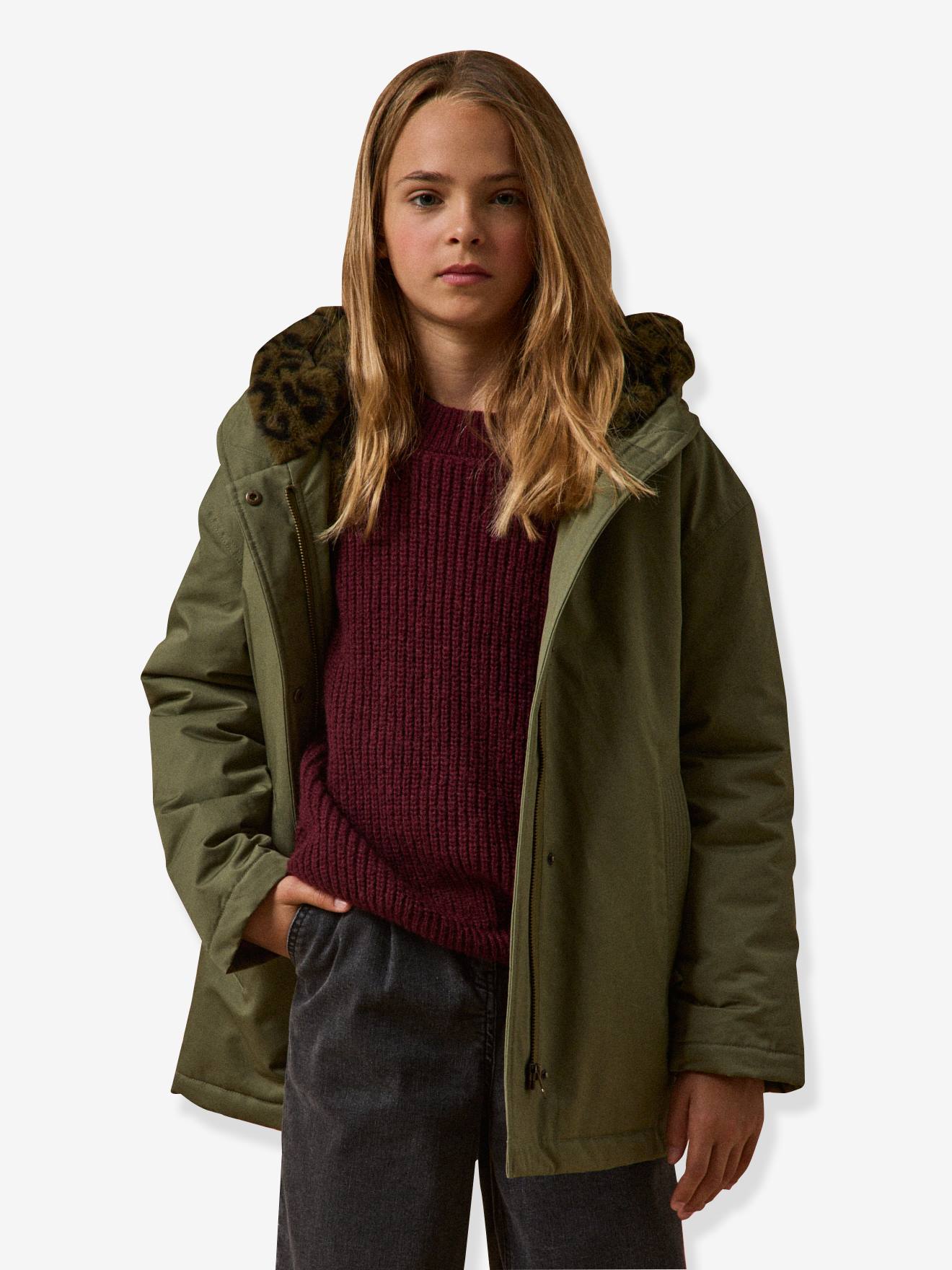 Korte parka voor meisjes met luipaardvoering CYRILLUS groen