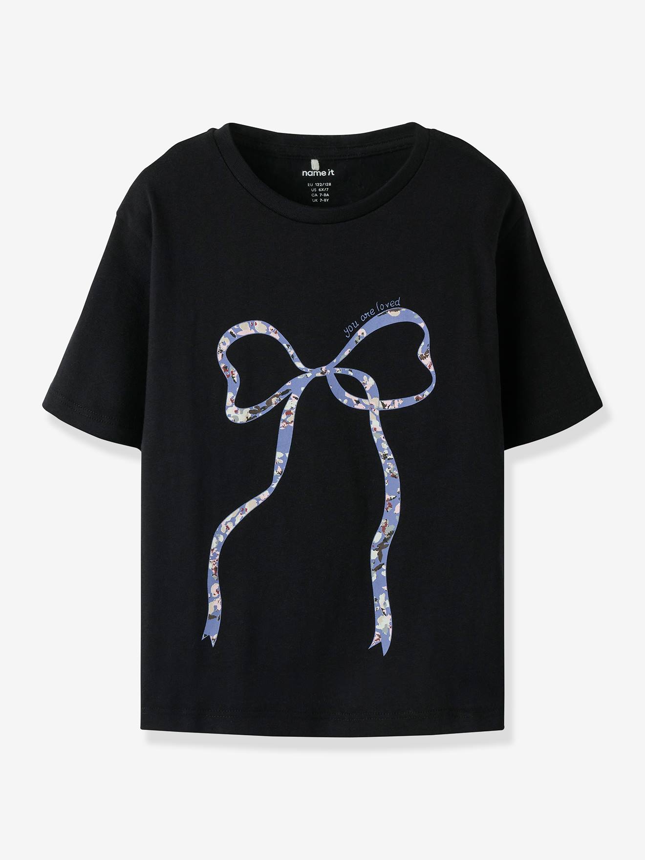 T-shirt voor meisjes met strikprint NAME IT gerecycled katoen zwart