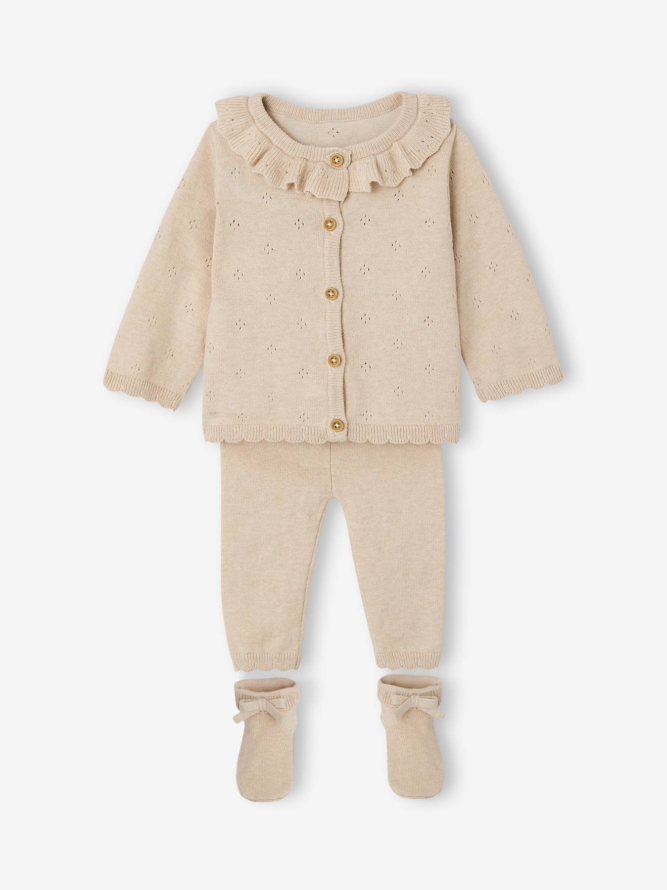 Babyset babymeisje tricot 3-delig gemêleerd beige