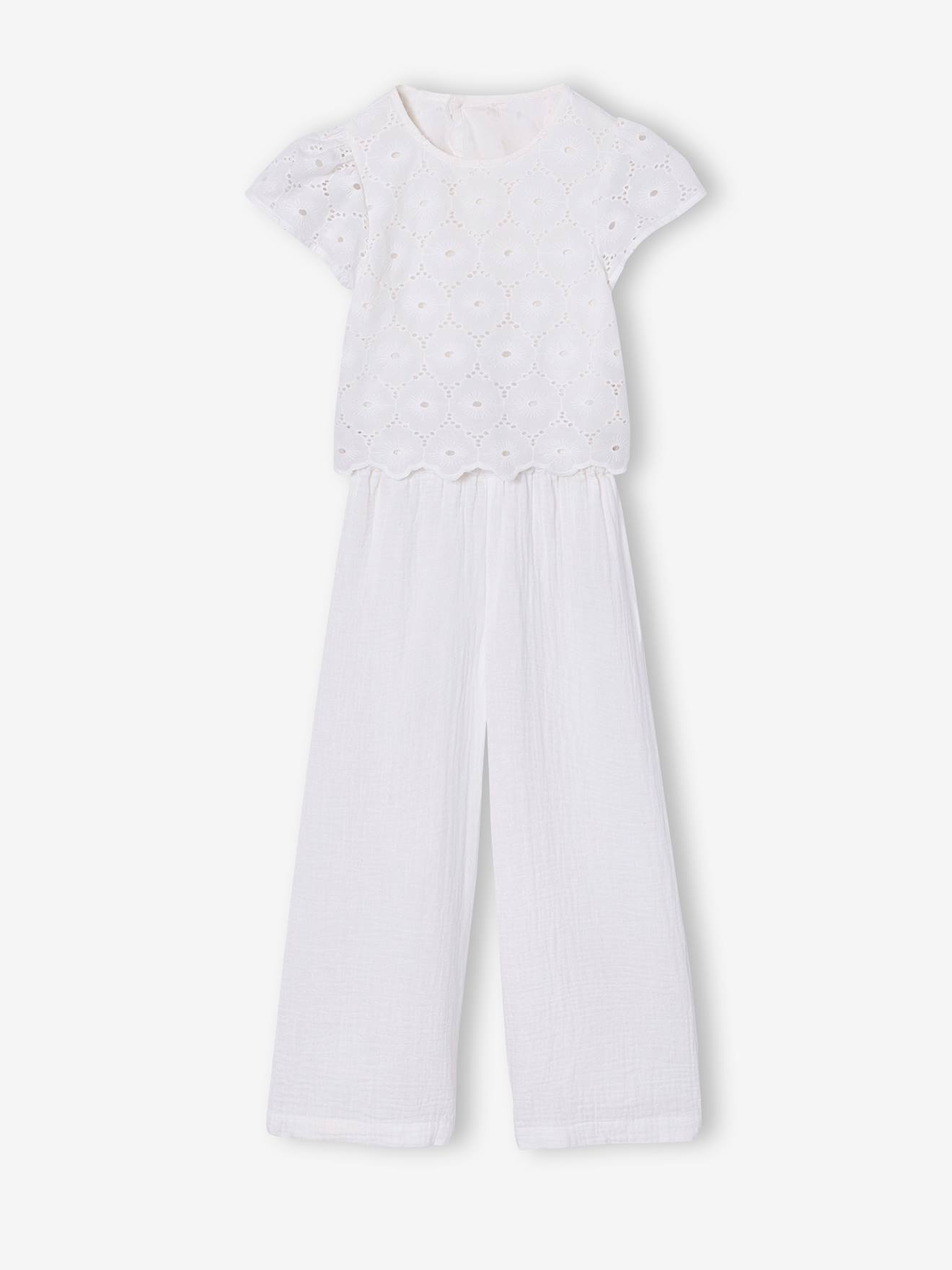 Jumpsuit broek voor meisjes in Engels borduurwerk wit