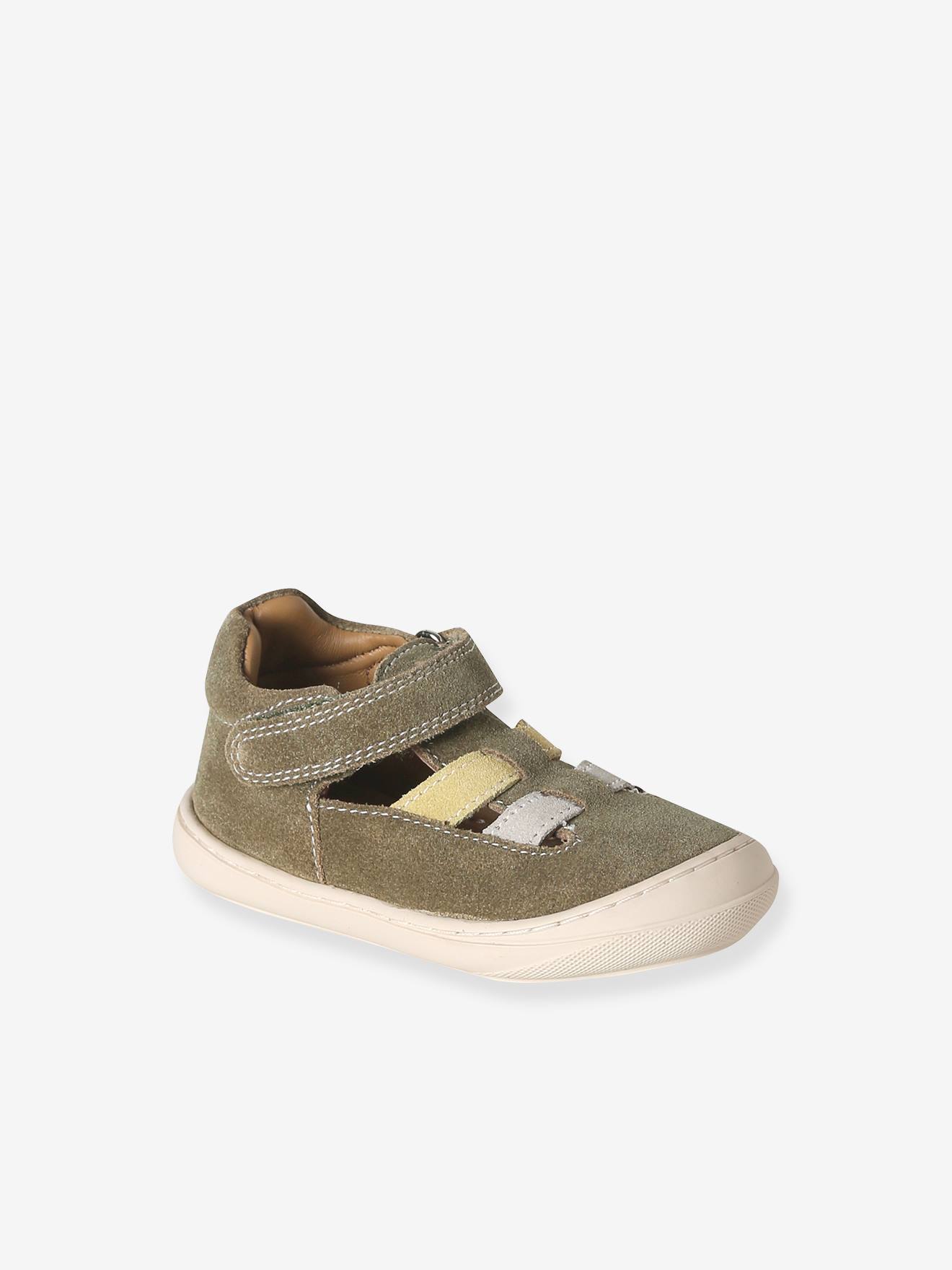 Babysandalen met klittenbandsluiting van leer voor de eerste stapjes kaki