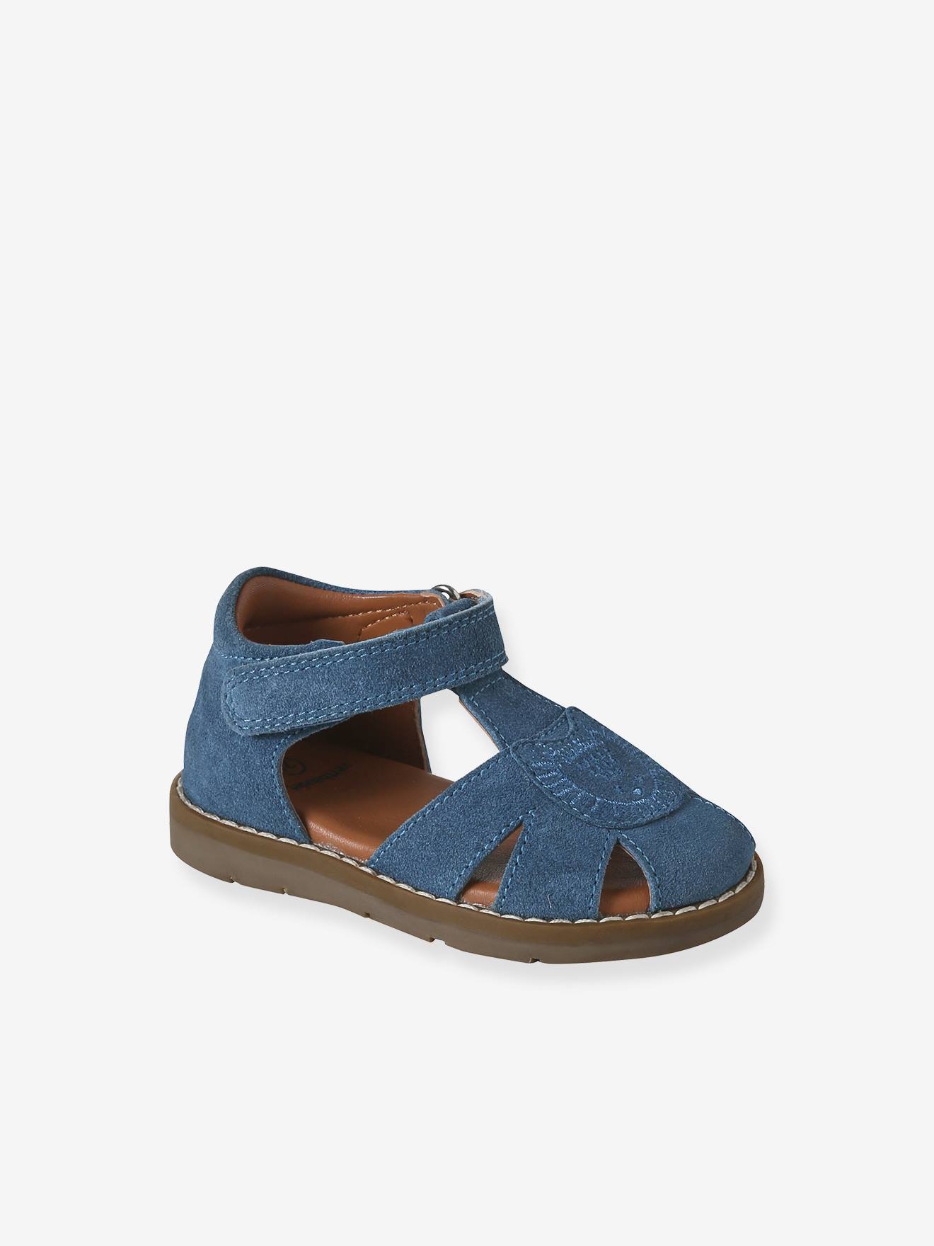 Gesloten sandalen met klittenband van leer voor baby's jeansblauw